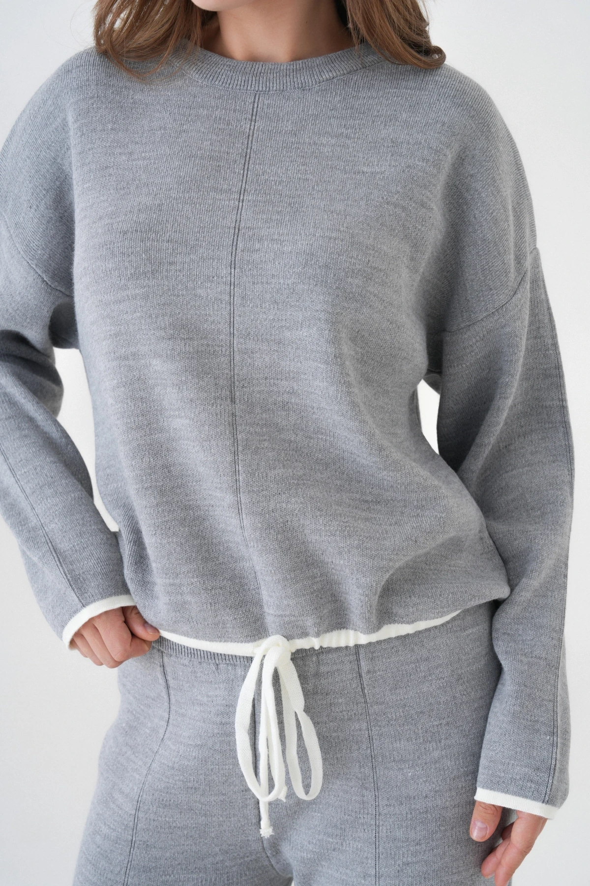 Kadın Bisiklet Yaka Bağcıklı Kazak Pantolon Alt-Üst Triko Takım