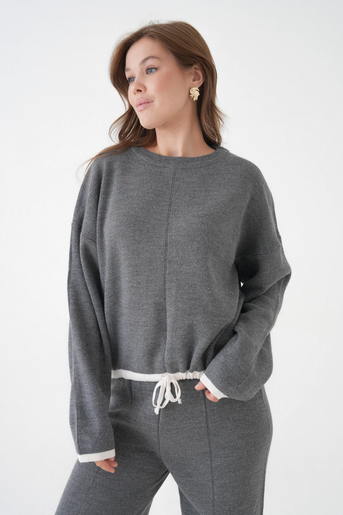 Kadın Bisiklet Yaka Bağcıklı Kazak Pantolon Alt-Üst Triko Takım