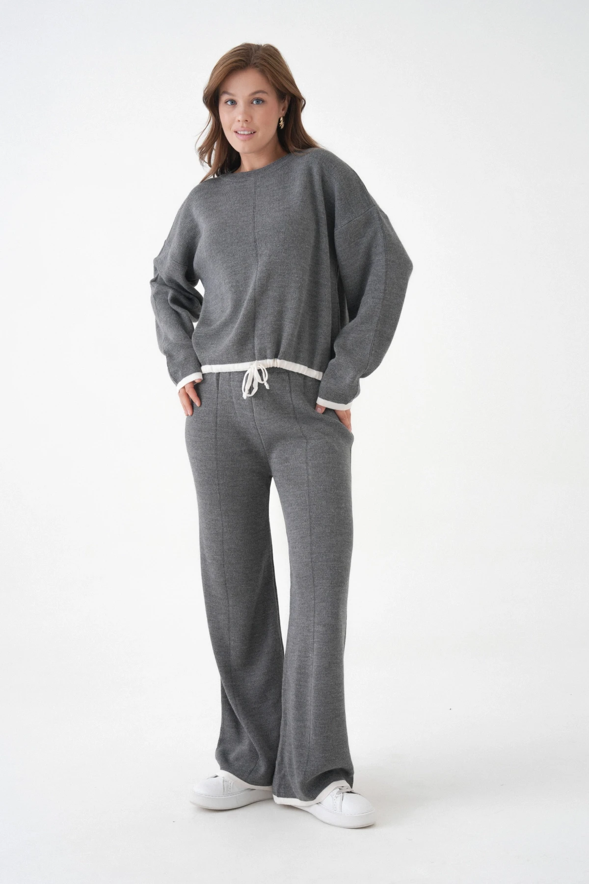 Kadın Bisiklet Yaka Bağcıklı Kazak Pantolon Alt-Üst Triko Takım