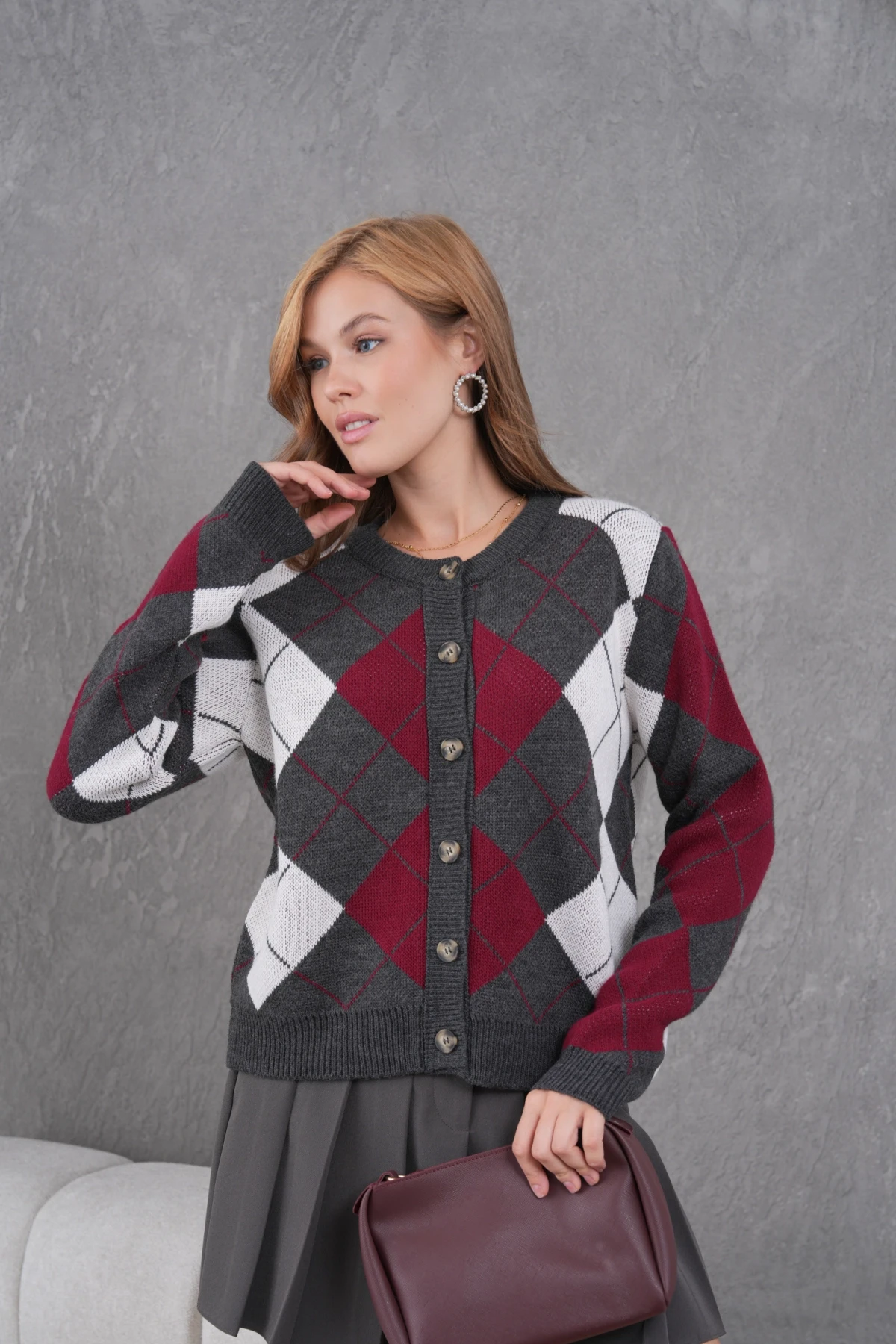 Kadın Bisiklet Yaka Baklava Desenli Düğme Kapama Triko Hırka Ceket 8581Sw