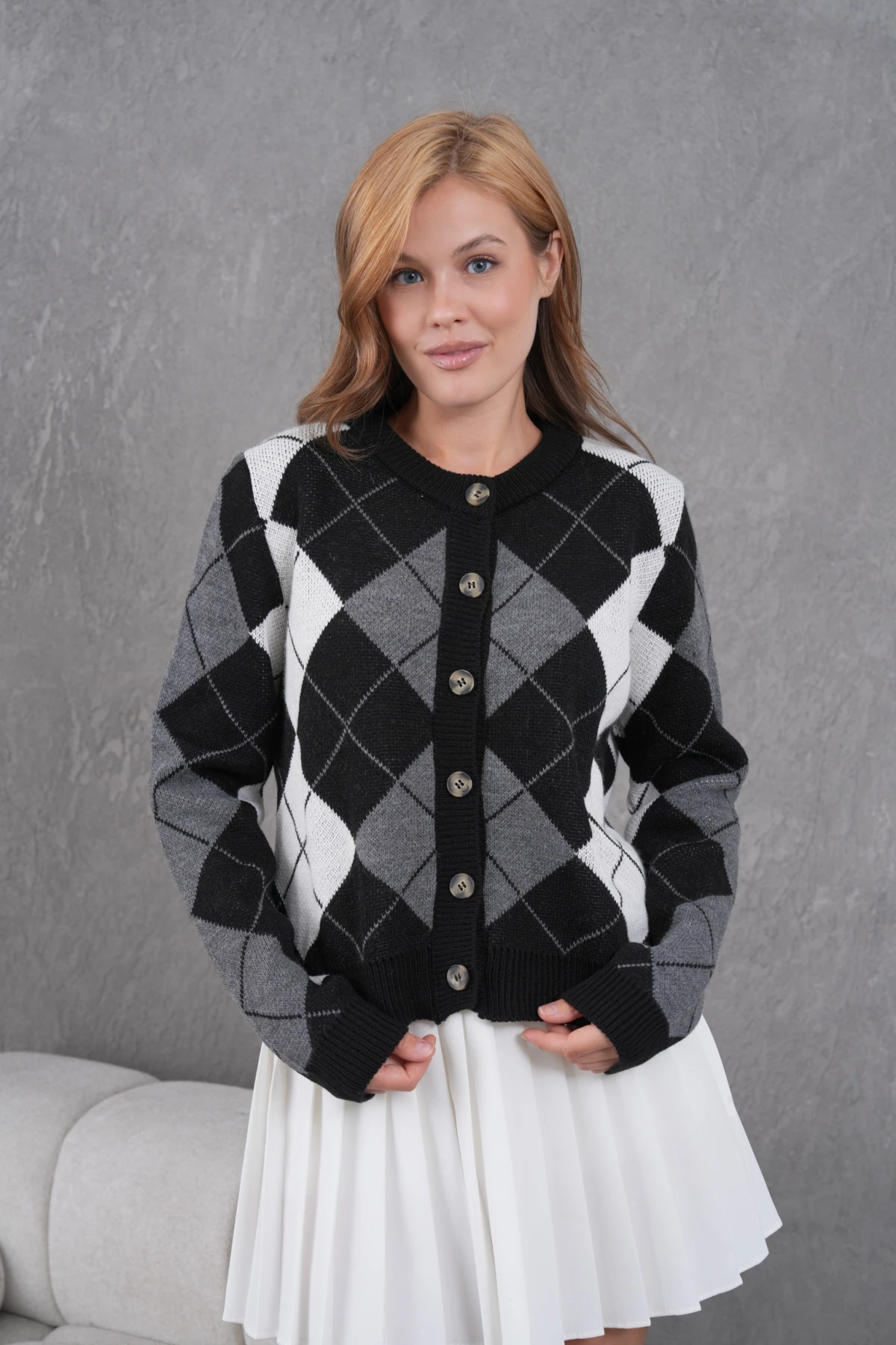 Kadın Bisiklet Yaka Baklava Desenli Düğme Kapama Triko Hırka Ceket 8581Sw