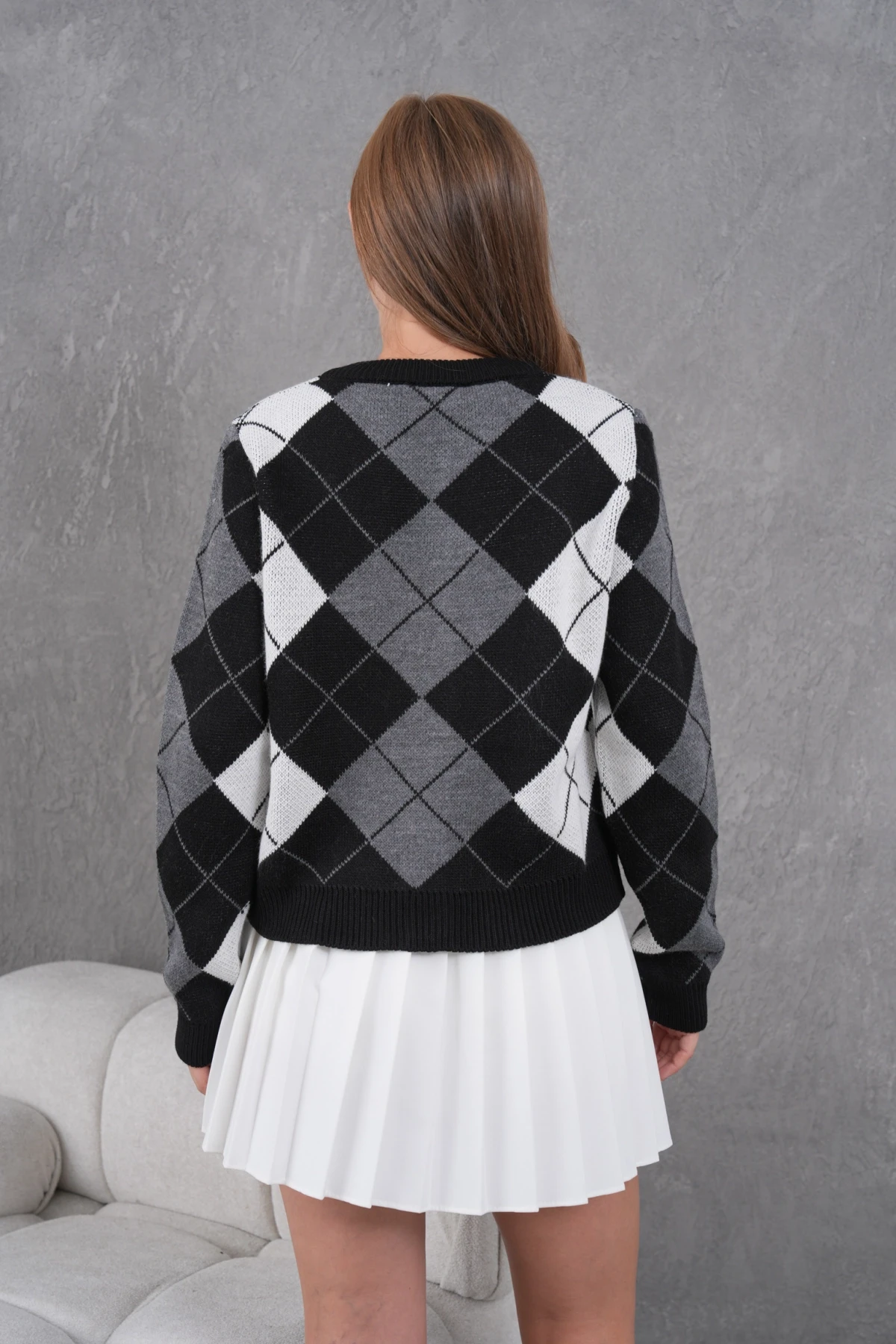 Kadın Bisiklet Yaka Baklava Desenli Düğme Kapama Triko Hırka Ceket 8581Sw