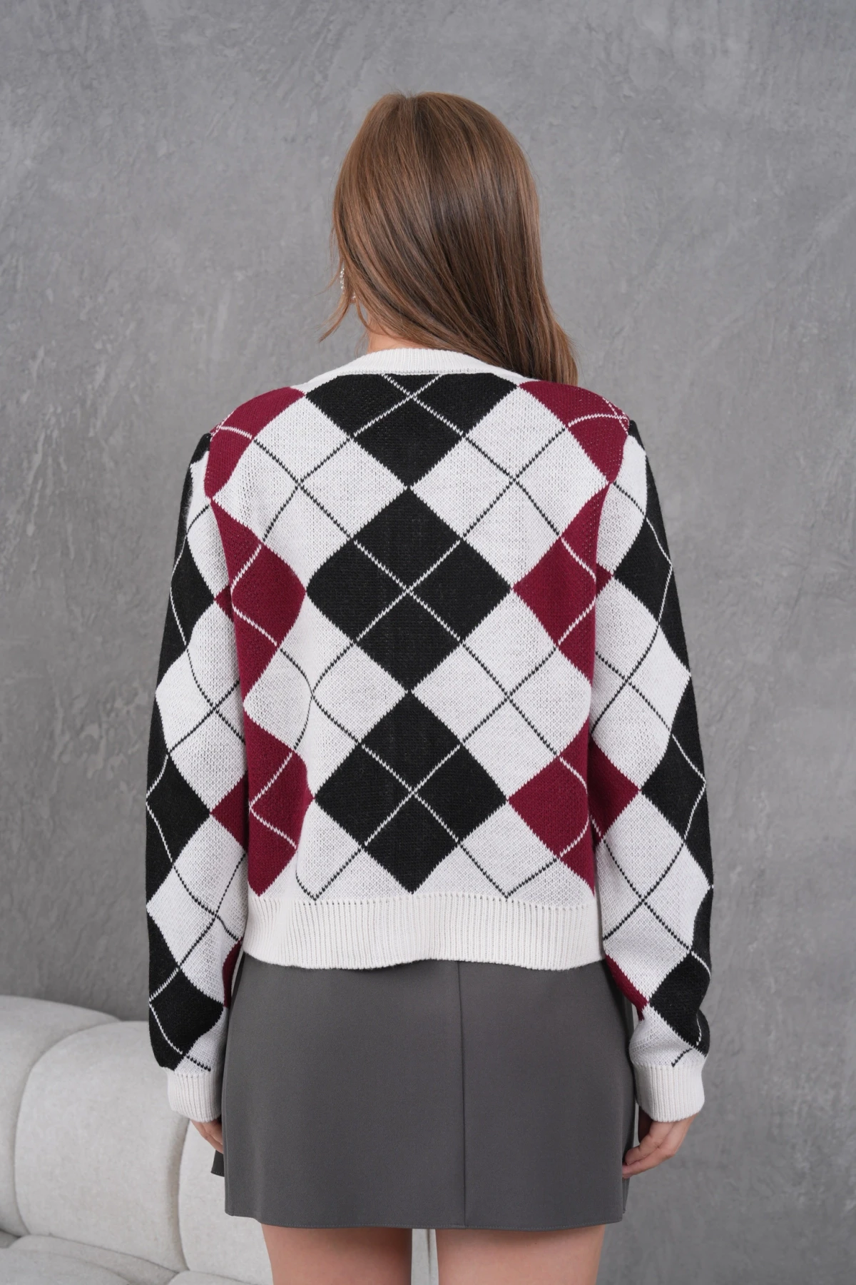 Kadın Bisiklet Yaka Baklava Desenli Düğme Kapama Triko Hırka Ceket 8581Sw