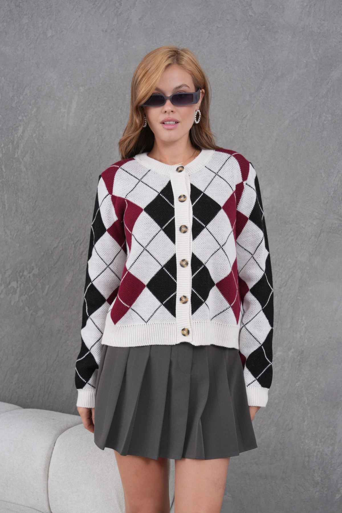 Kadın Bisiklet Yaka Baklava Desenli Düğme Kapama Triko Hırka Ceket 8581Sw