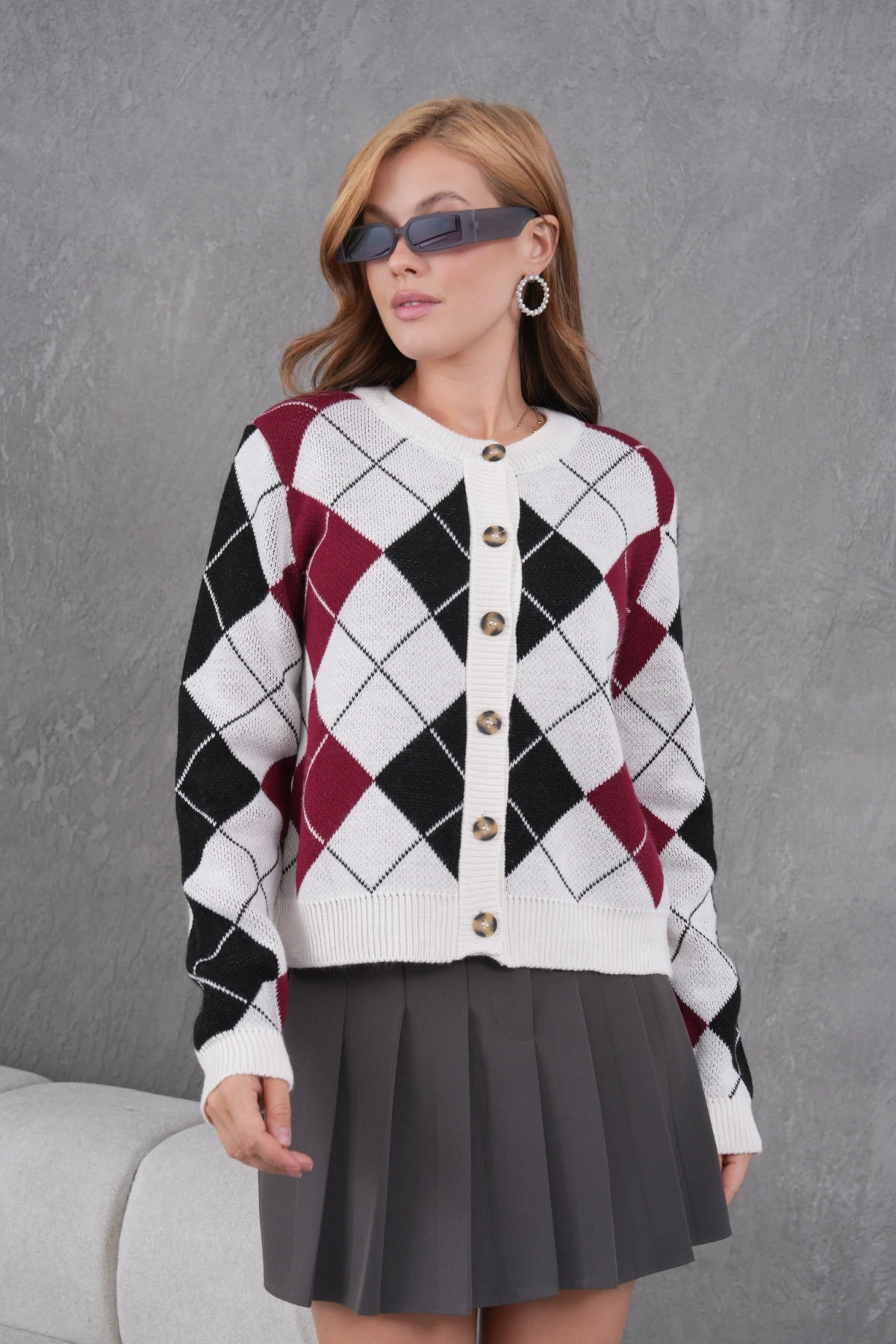 Kadın Bisiklet Yaka Baklava Desenli Düğme Kapama Triko Hırka Ceket 8581Sw