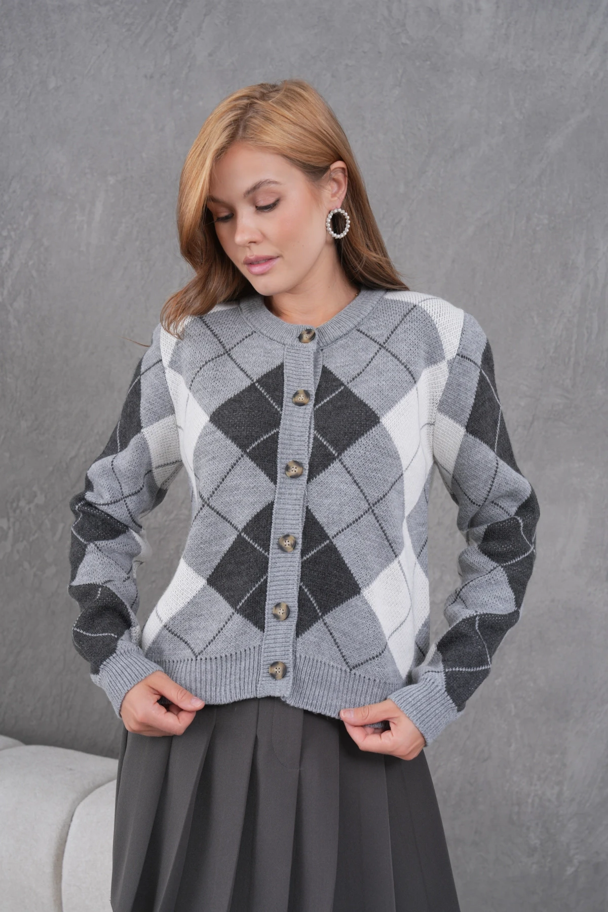 Kadın Bisiklet Yaka Baklava Desenli Düğme Kapama Triko Hırka Ceket 8581Sw