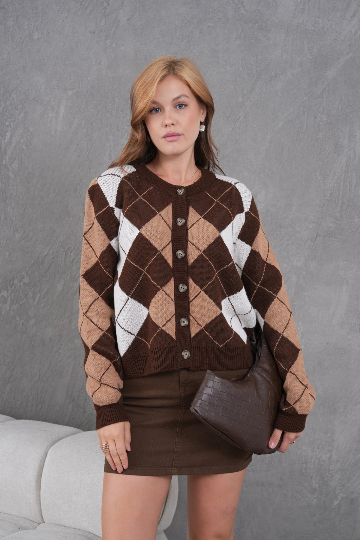 Kadın Bisiklet Yaka Baklava Desenli Düğme Kapama Triko Hırka Ceket 8581Sw