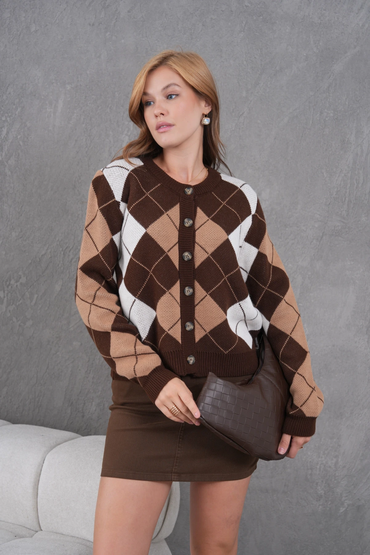 Kadın Bisiklet Yaka Baklava Desenli Düğme Kapama Triko Hırka Ceket 8581Sw