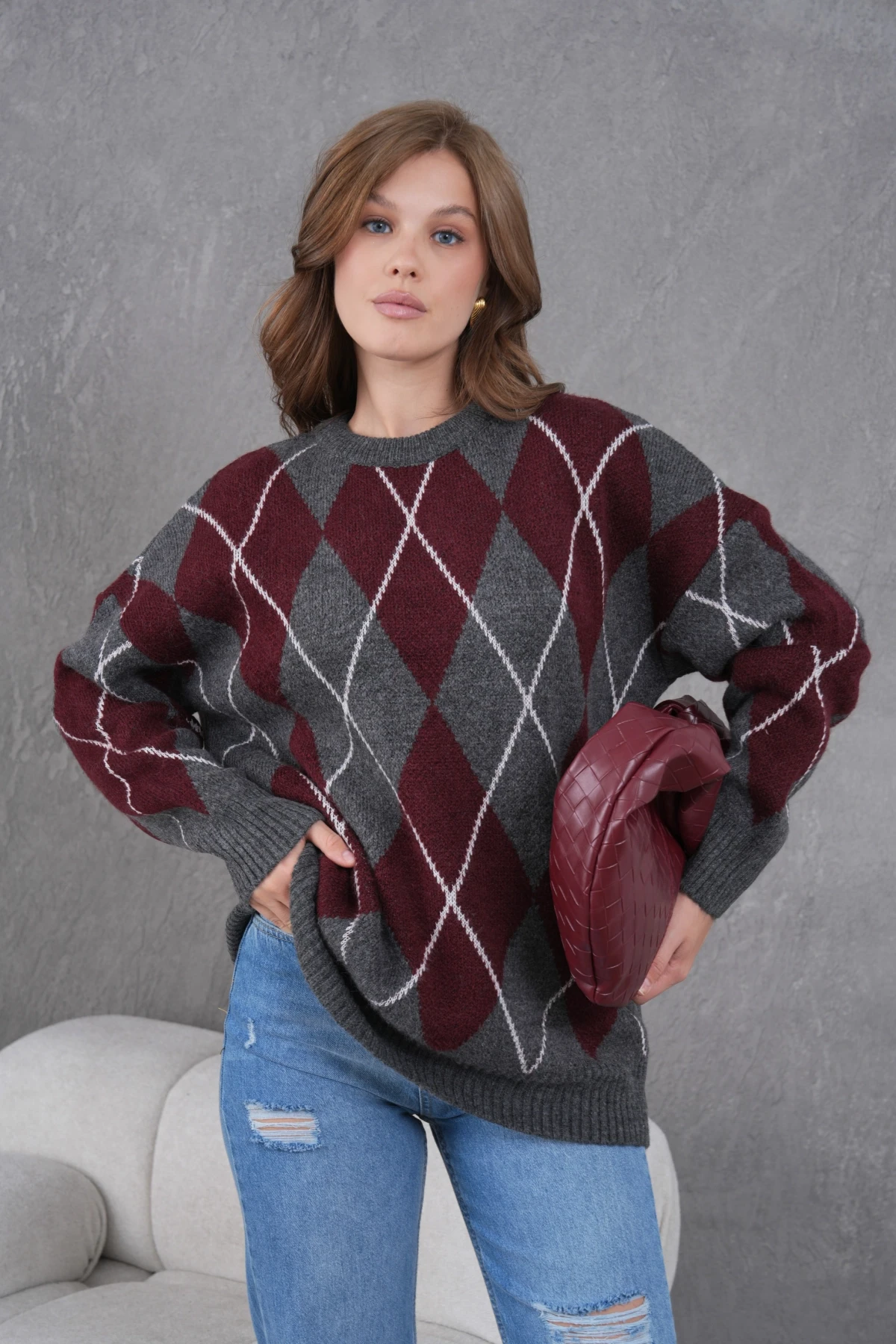 Kadın Bisiklet Yaka Baklava Desenli Yumuşak Dokulu Salaş Triko Kazak