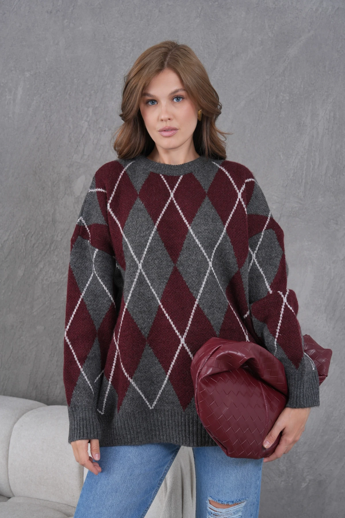 Kadın Bisiklet Yaka Baklava Desenli Yumuşak Dokulu Salaş Triko Kazak