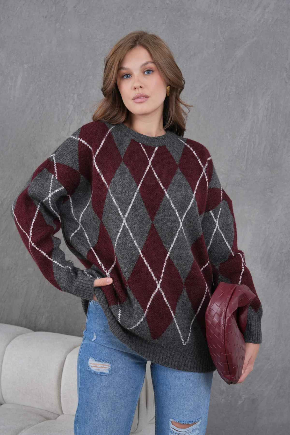 Kadın Bisiklet Yaka Baklava Desenli Yumuşak Dokulu Salaş Triko Kazak