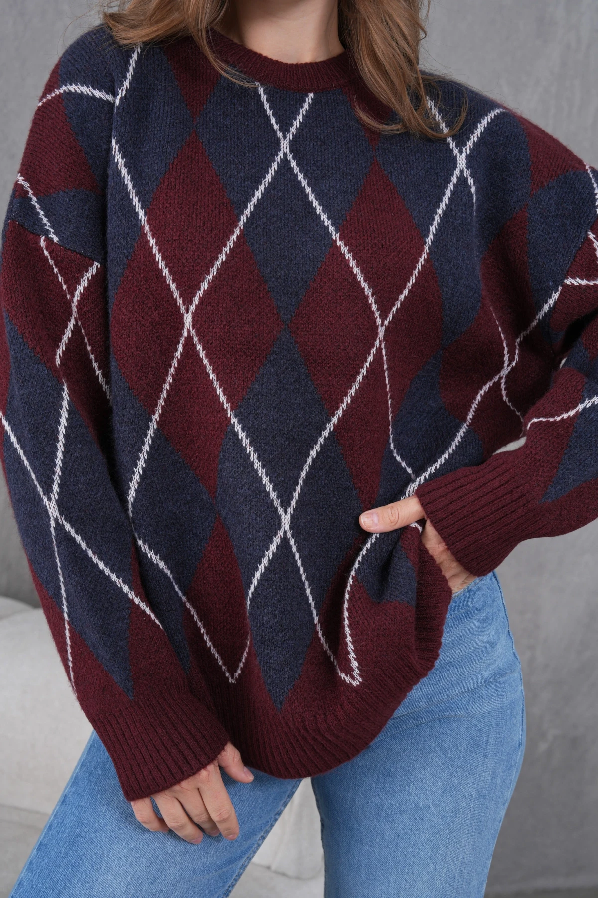 Kadın Bisiklet Yaka Baklava Desenli Yumuşak Dokulu Salaş Triko Kazak