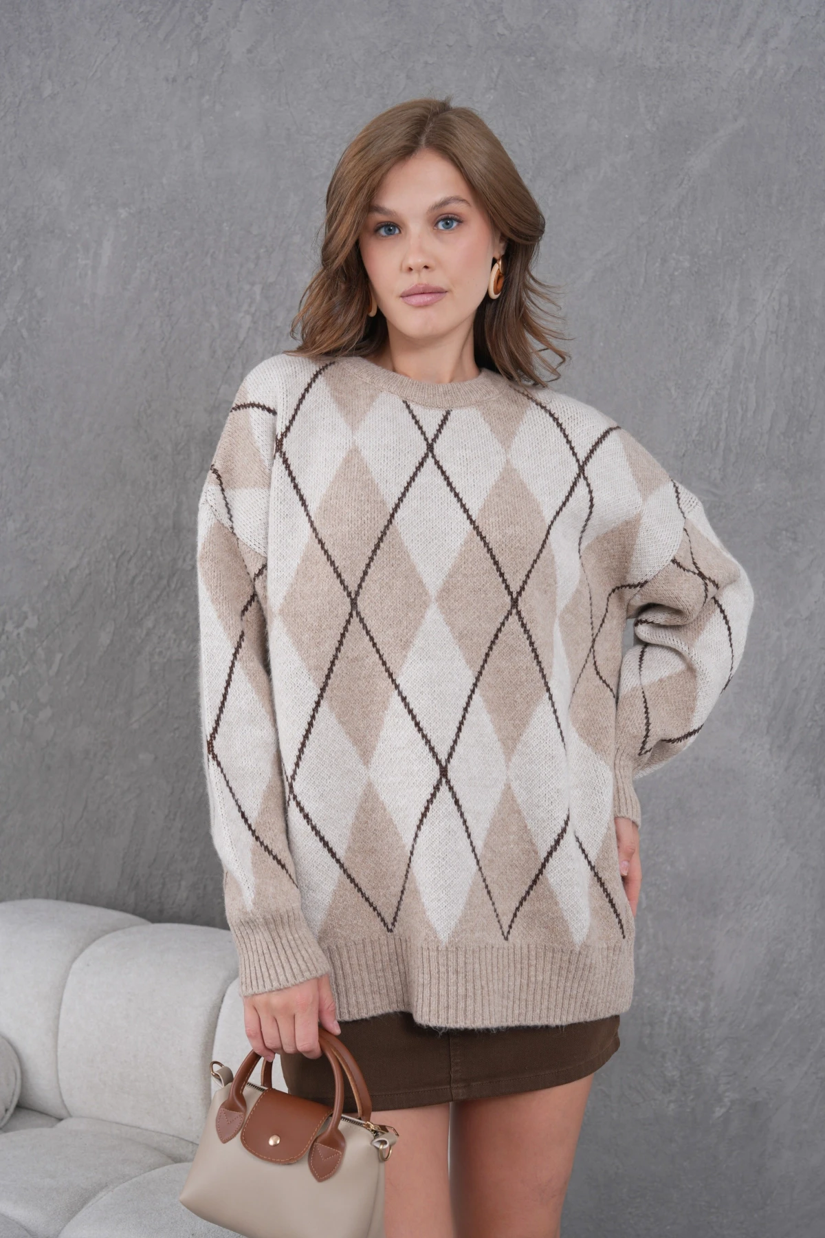 Kadın Bisiklet Yaka Baklava Desenli Yumuşak Dokulu Salaş Triko Kazak