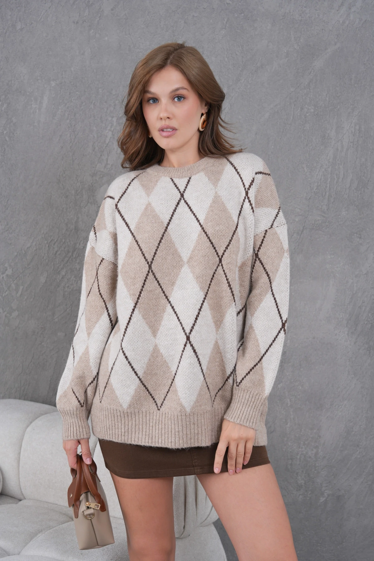 Kadın Bisiklet Yaka Baklava Desenli Yumuşak Dokulu Salaş Triko Kazak