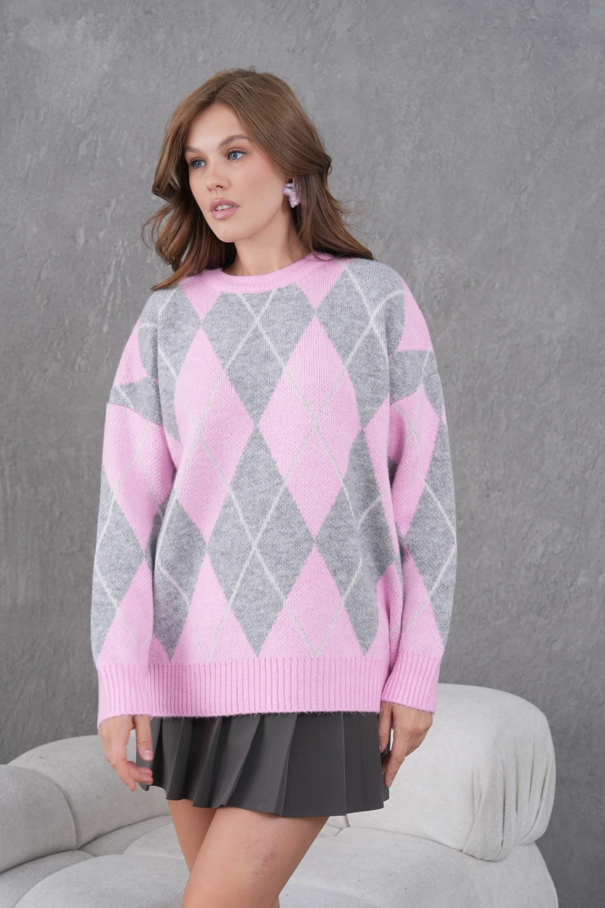 Kadın Bisiklet Yaka Baklava Desenli Yumuşak Dokulu Salaş Triko Kazak