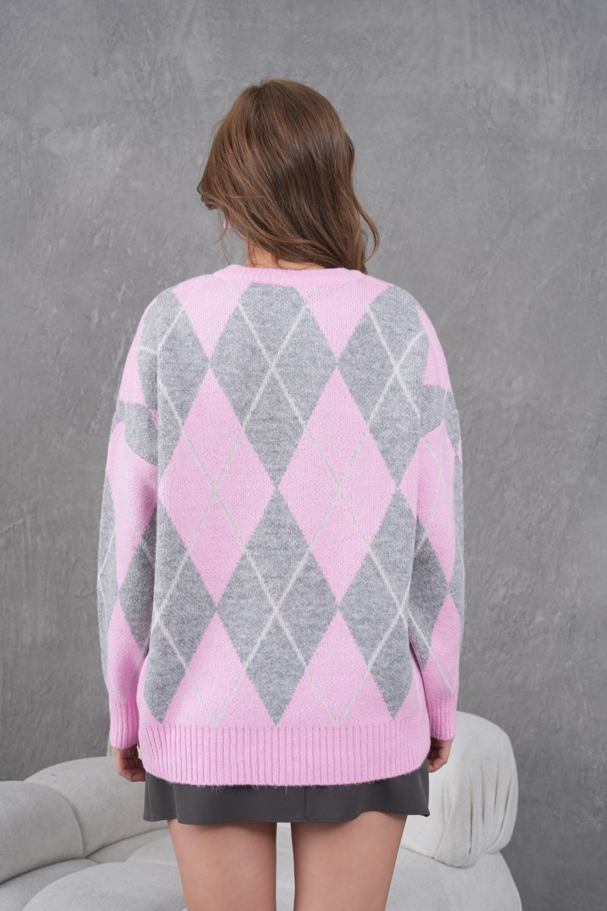 Kadın Bisiklet Yaka Baklava Desenli Yumuşak Dokulu Salaş Triko Kazak