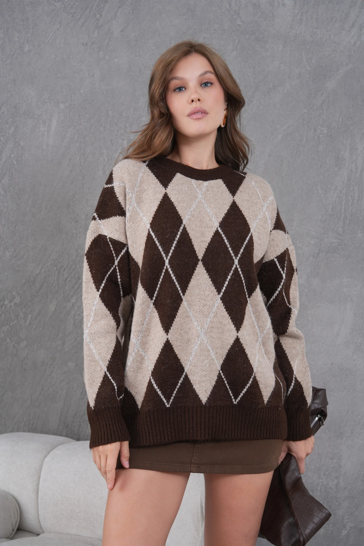 Kadın Bisiklet Yaka Baklava Desenli Yumuşak Dokulu Salaş Triko Kazak