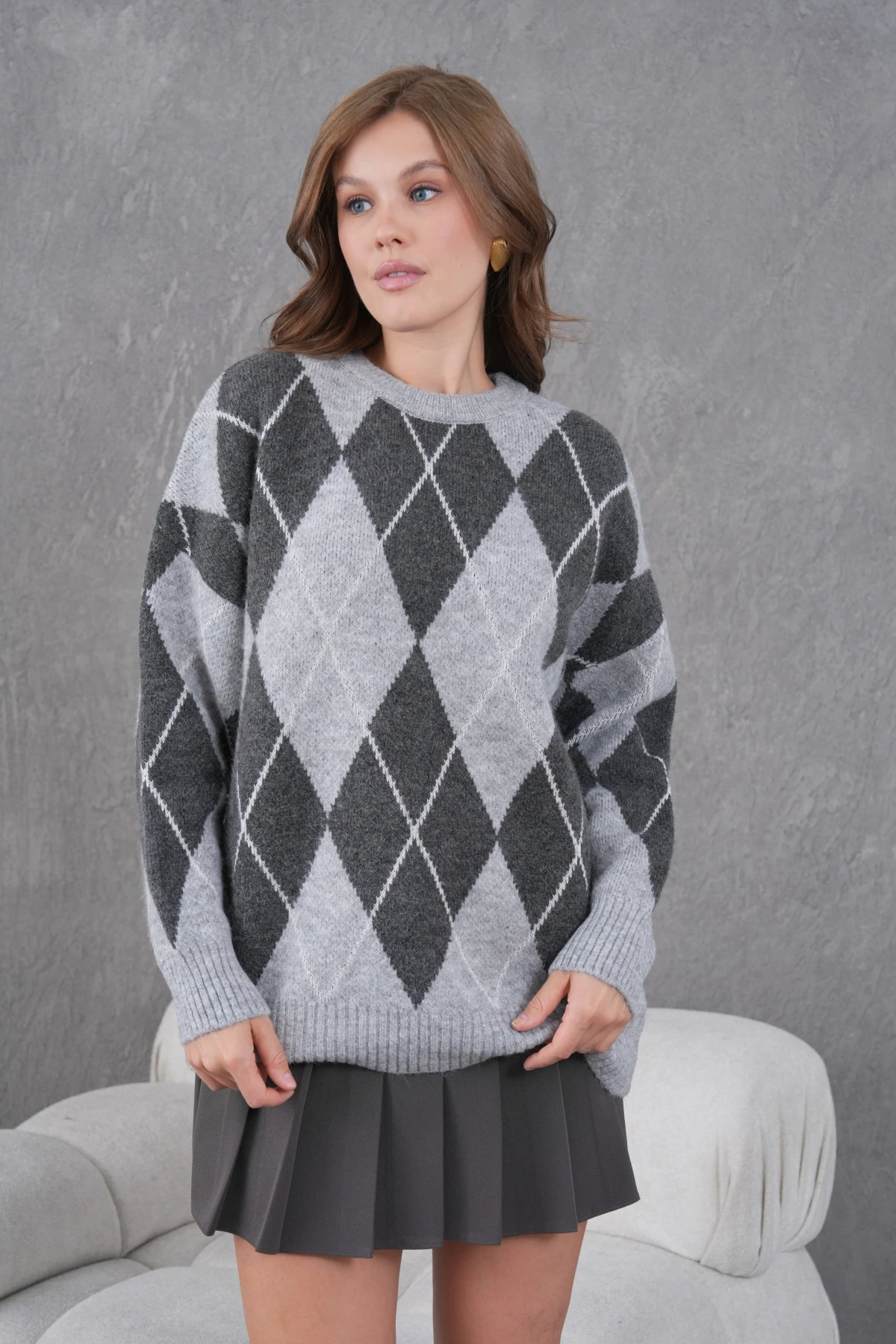 Kadın Bisiklet Yaka Baklava Desenli Yumuşak Dokulu Salaş Triko Kazak