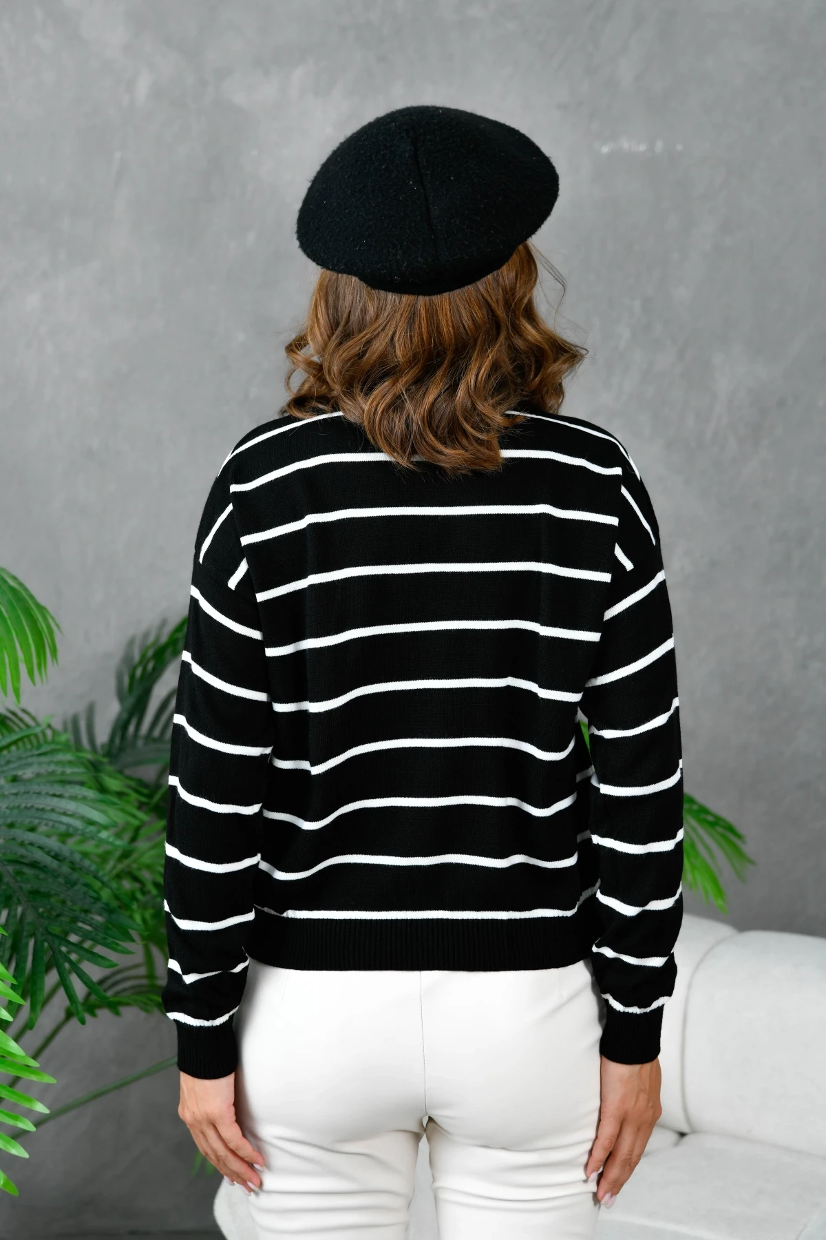 Kadın Bisiklet Yaka Çizgili Triko Kazak 214248