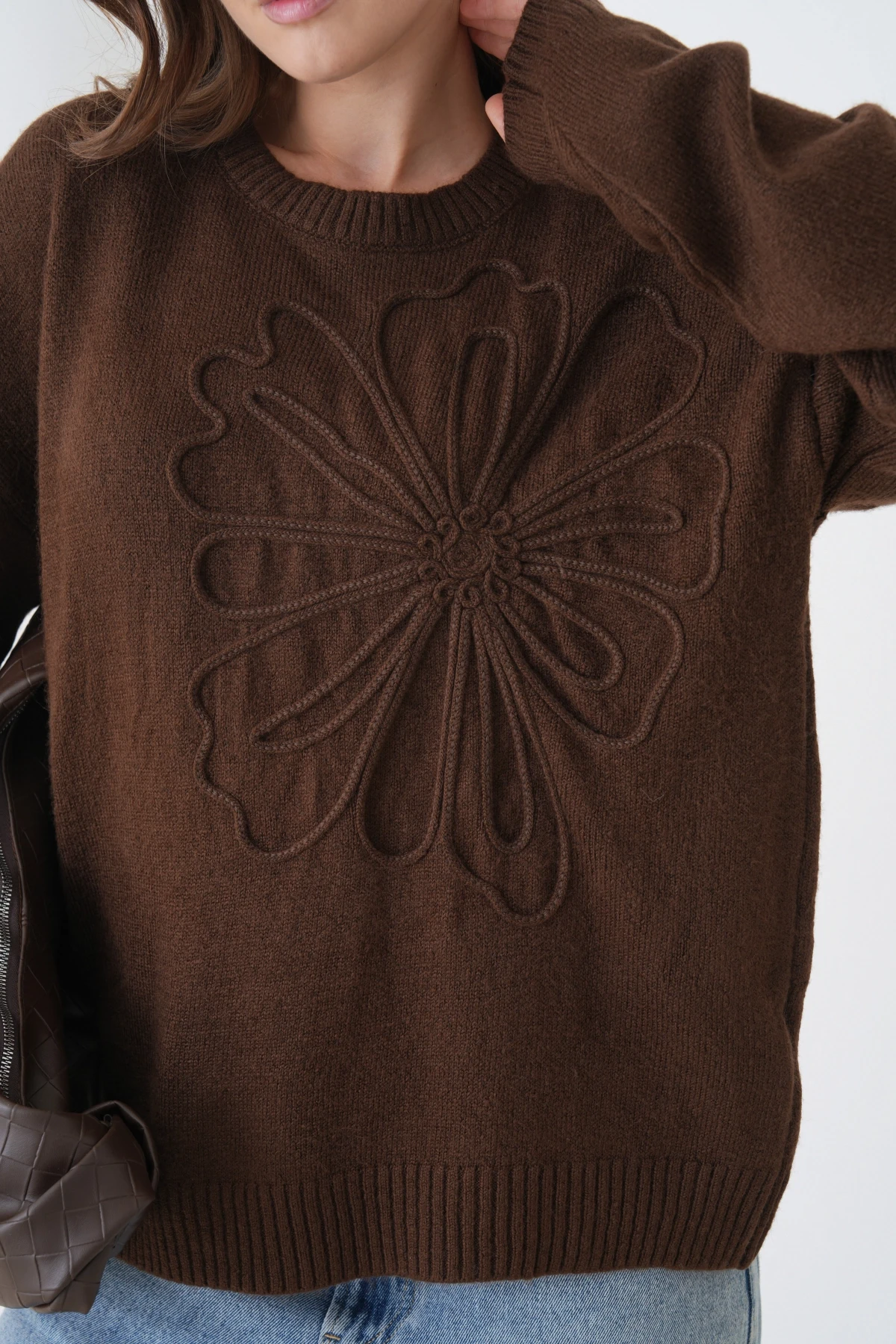 Kadın Bisiklet Yaka Desen İşlemeli Yumuşak Dokulu Triko Kazak