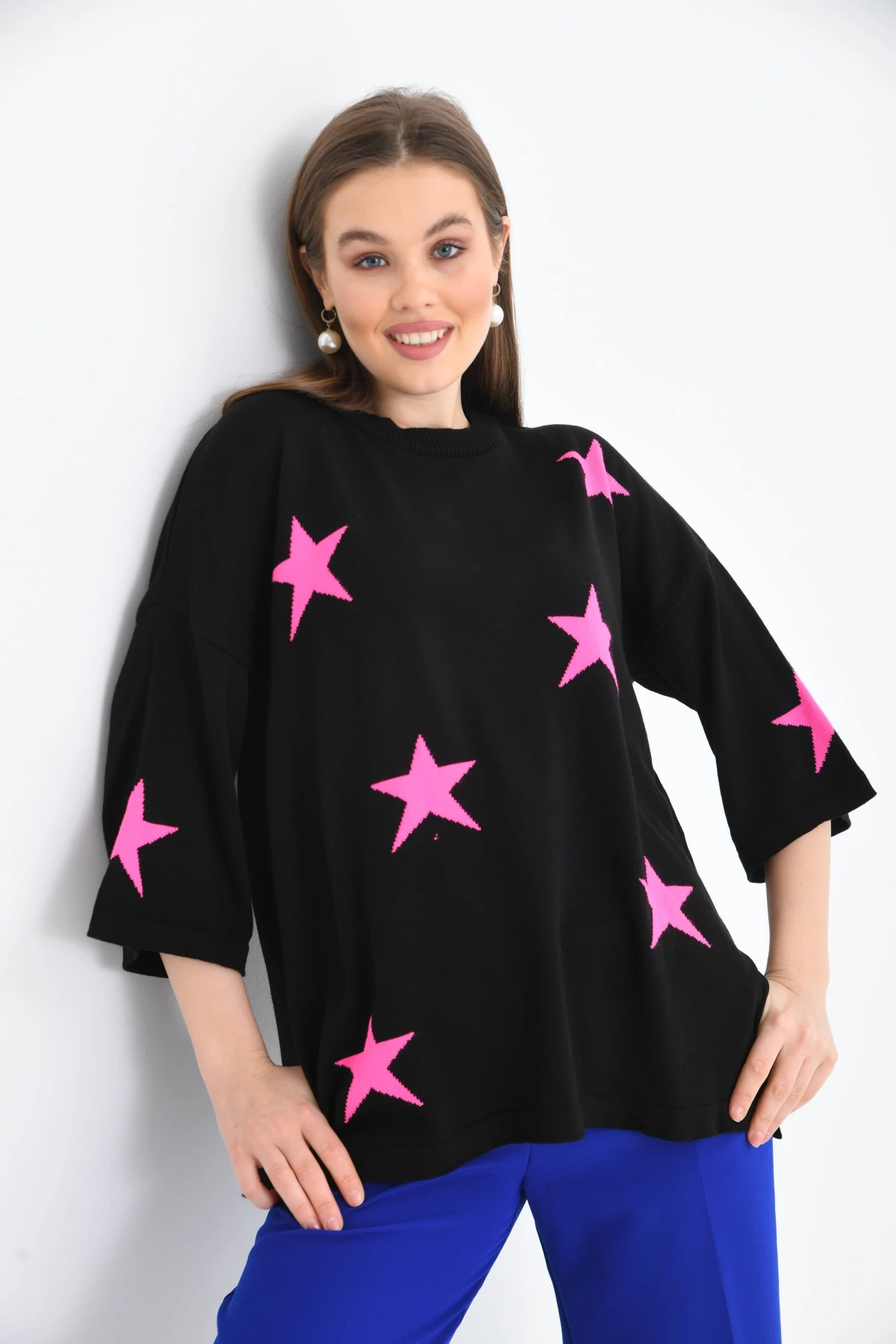 Kadın Bisiklet Yaka Desenli Oversize Yırtmaçlı Triko Kazak