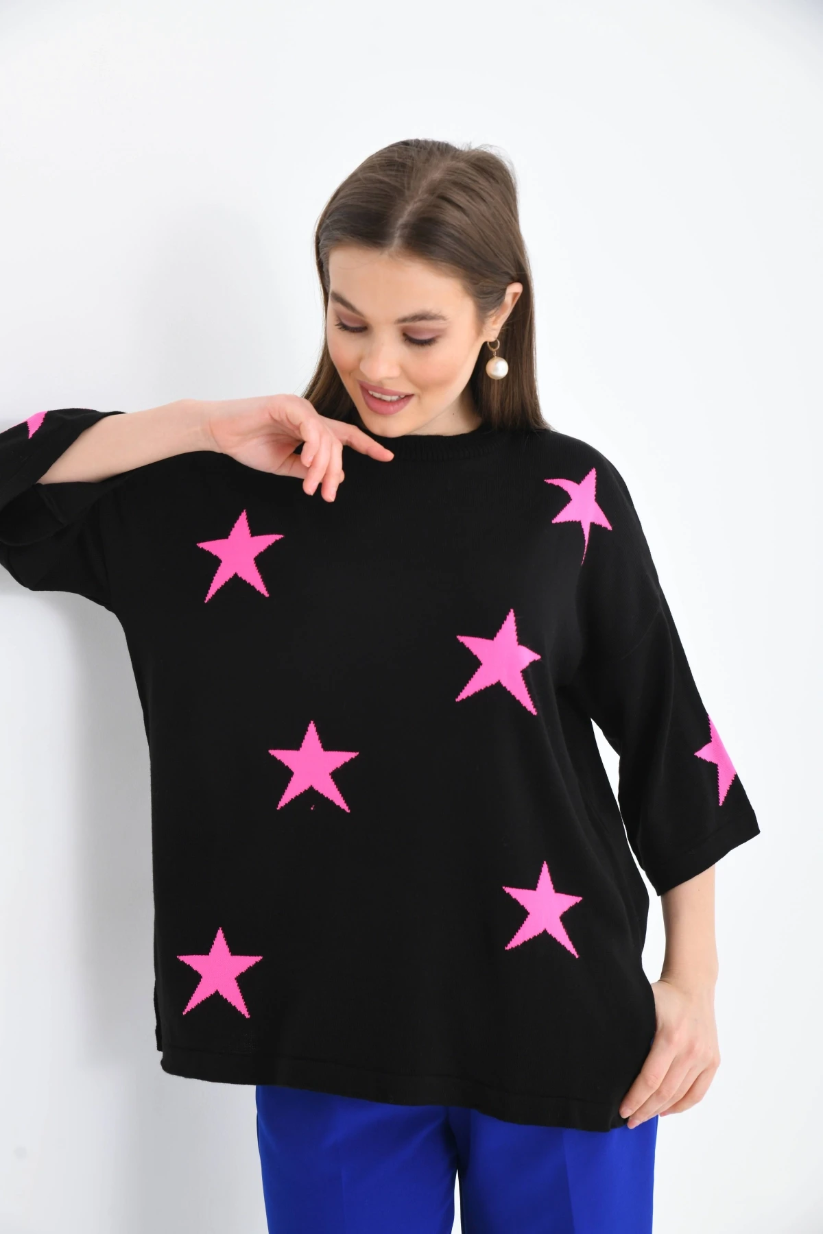 Kadın Bisiklet Yaka Desenli Oversize Yırtmaçlı Triko Kazak