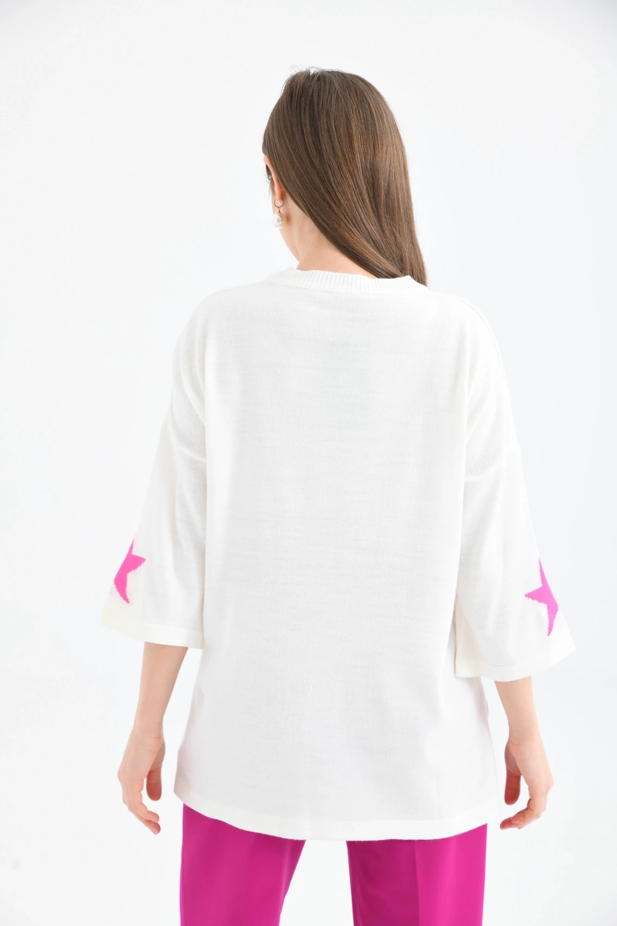 Kadın Bisiklet Yaka Desenli Oversize Yırtmaçlı Triko Kazak