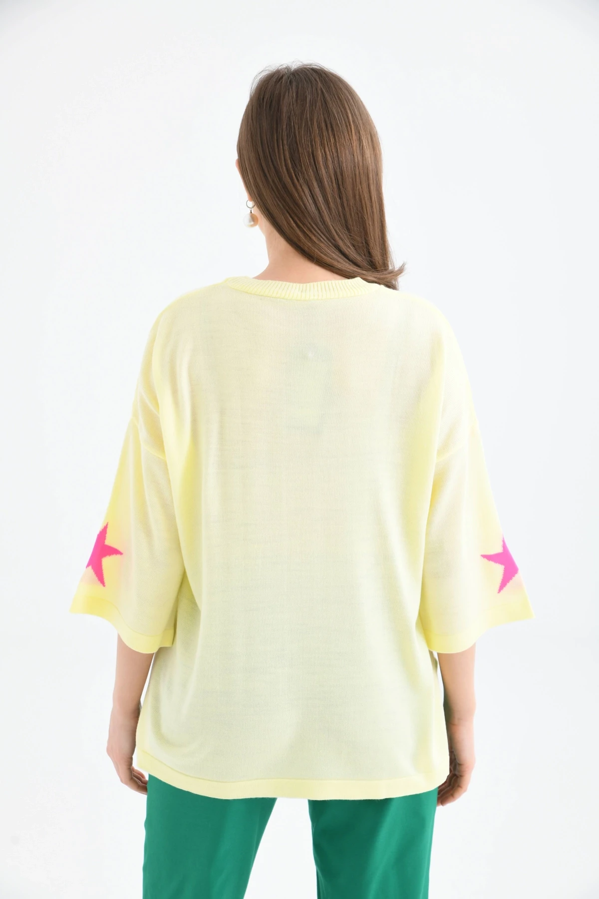 Kadın Bisiklet Yaka Desenli Oversize Yırtmaçlı Triko Kazak