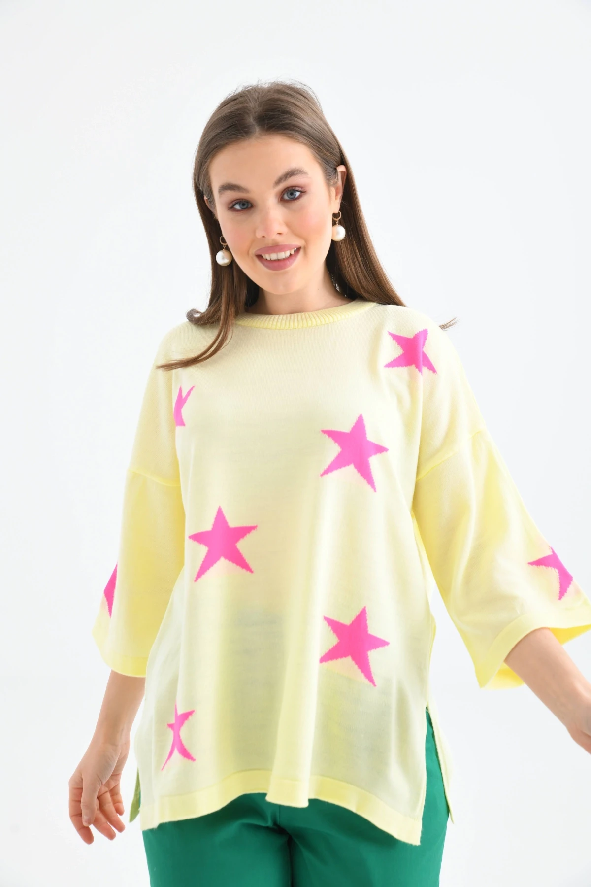 Kadın Bisiklet Yaka Desenli Oversize Yırtmaçlı Triko Kazak