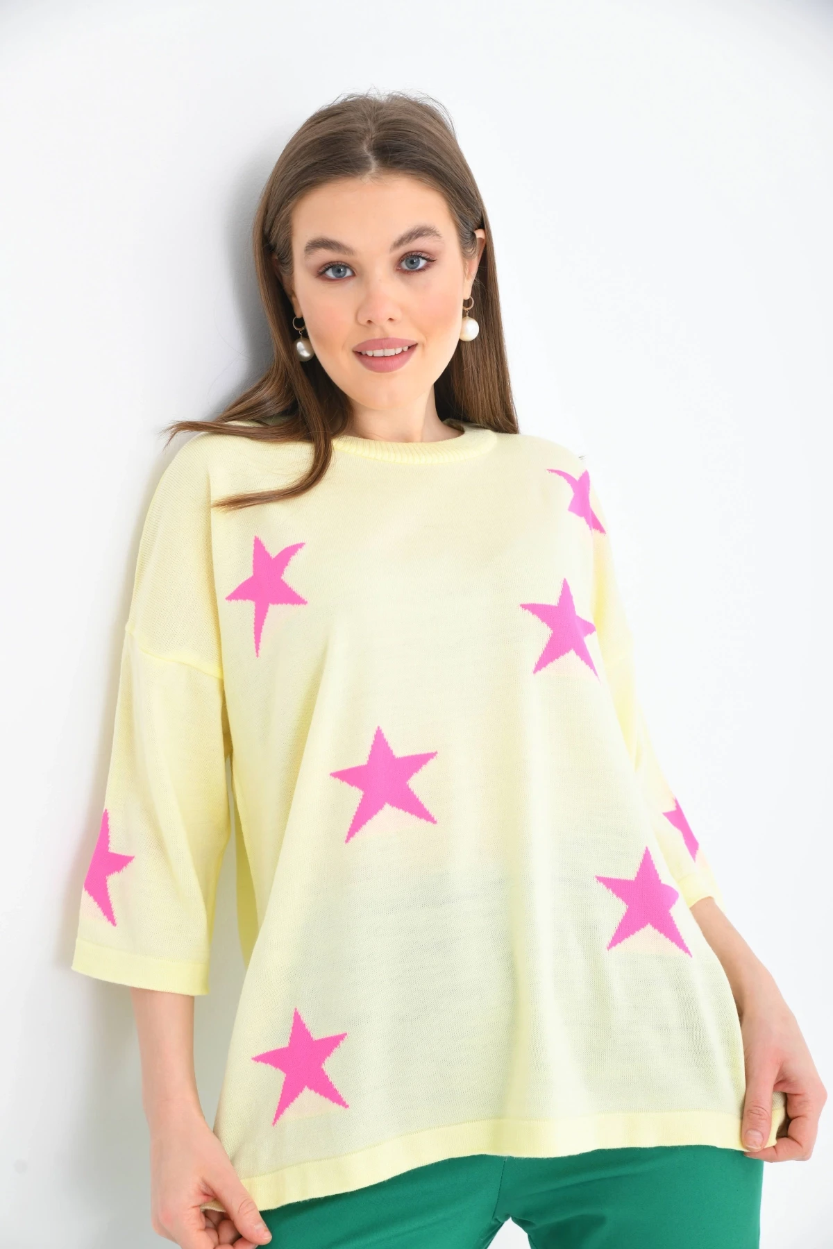 Kadın Bisiklet Yaka Desenli Oversize Yırtmaçlı Triko Kazak