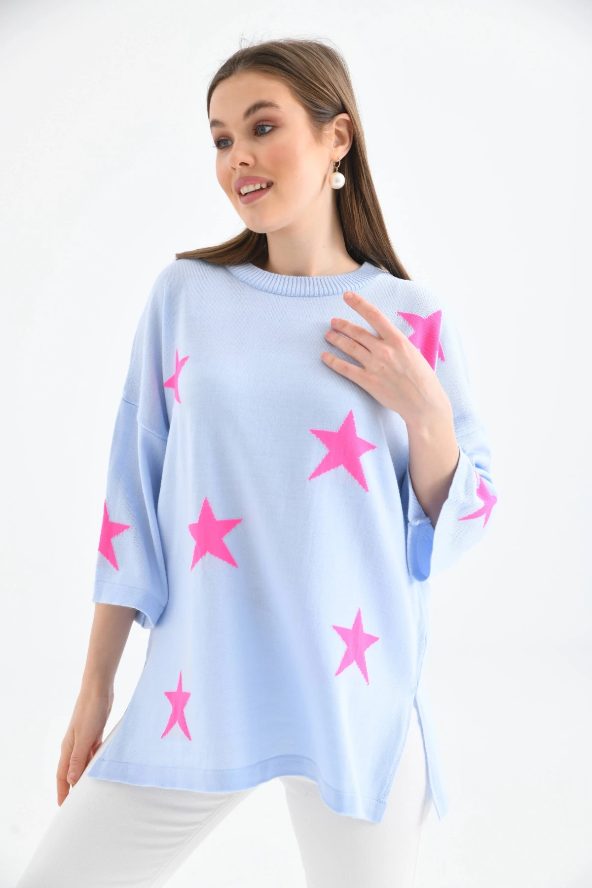 Kadın Bisiklet Yaka Desenli Oversize Yırtmaçlı Triko Kazak