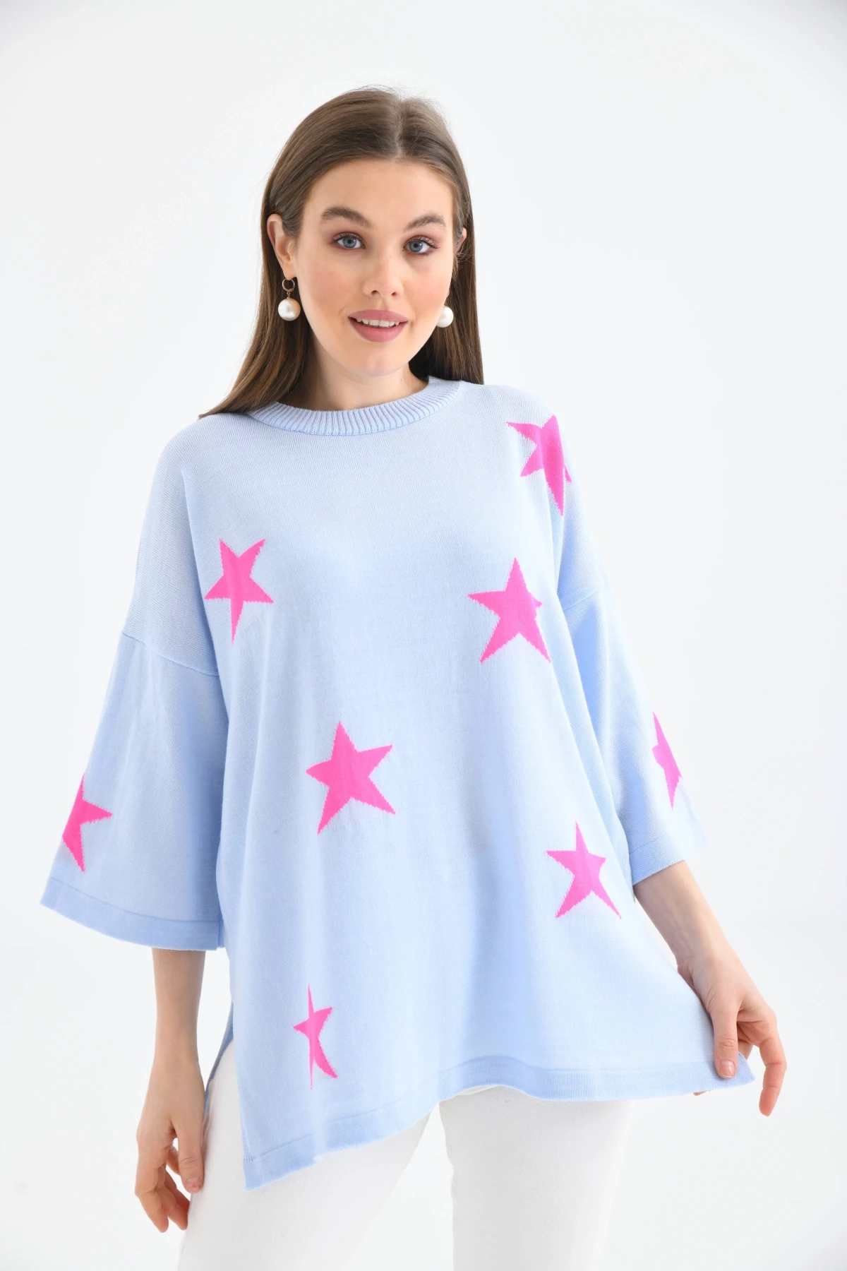 Kadın Bisiklet Yaka Desenli Oversize Yırtmaçlı Triko Kazak