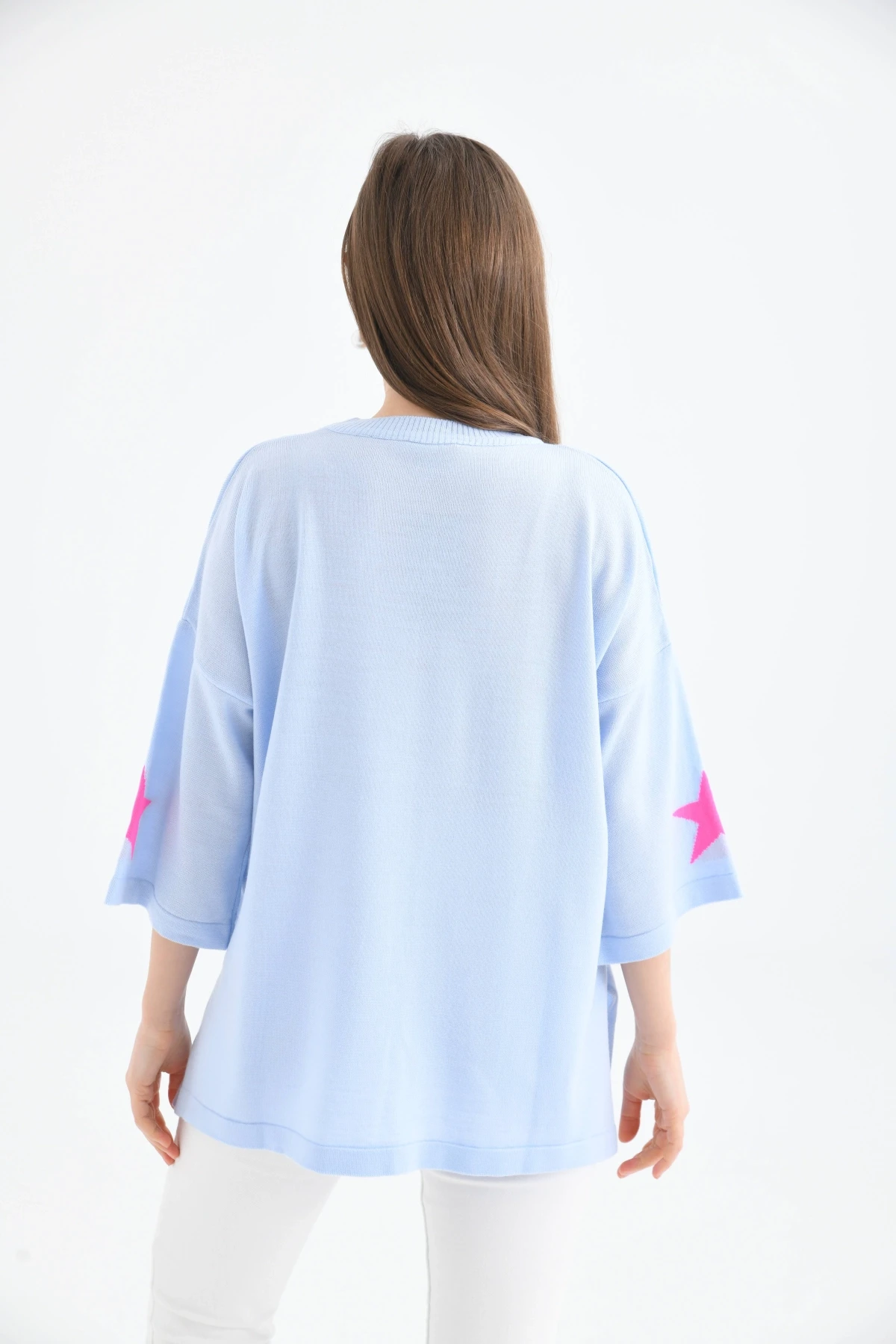 Kadın Bisiklet Yaka Desenli Oversize Yırtmaçlı Triko Kazak