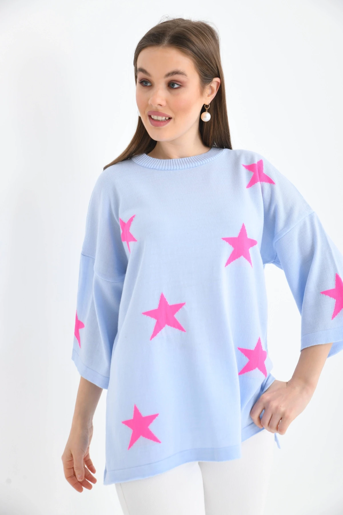 Kadın Bisiklet Yaka Desenli Oversize Yırtmaçlı Triko Kazak