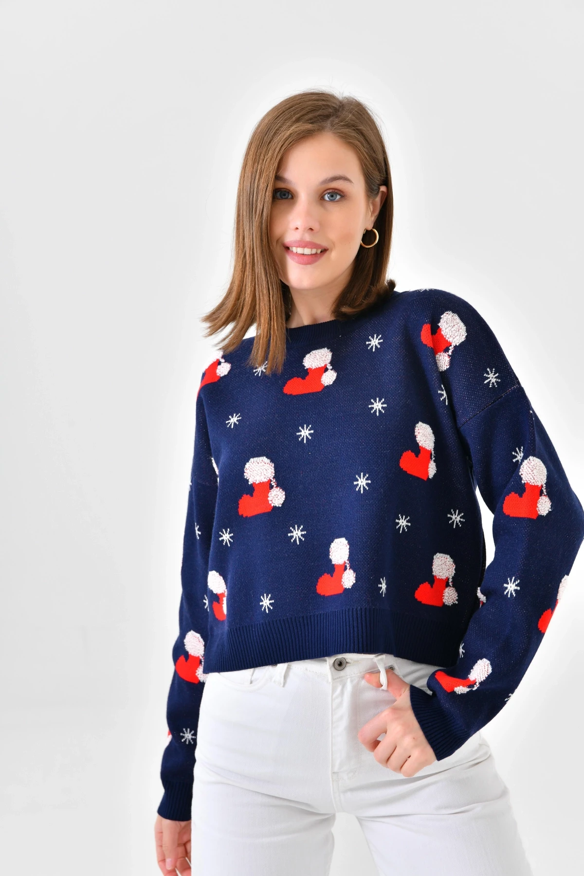 Kadın Bisiklet Yaka Desenli Simli Triko Kazak 10563