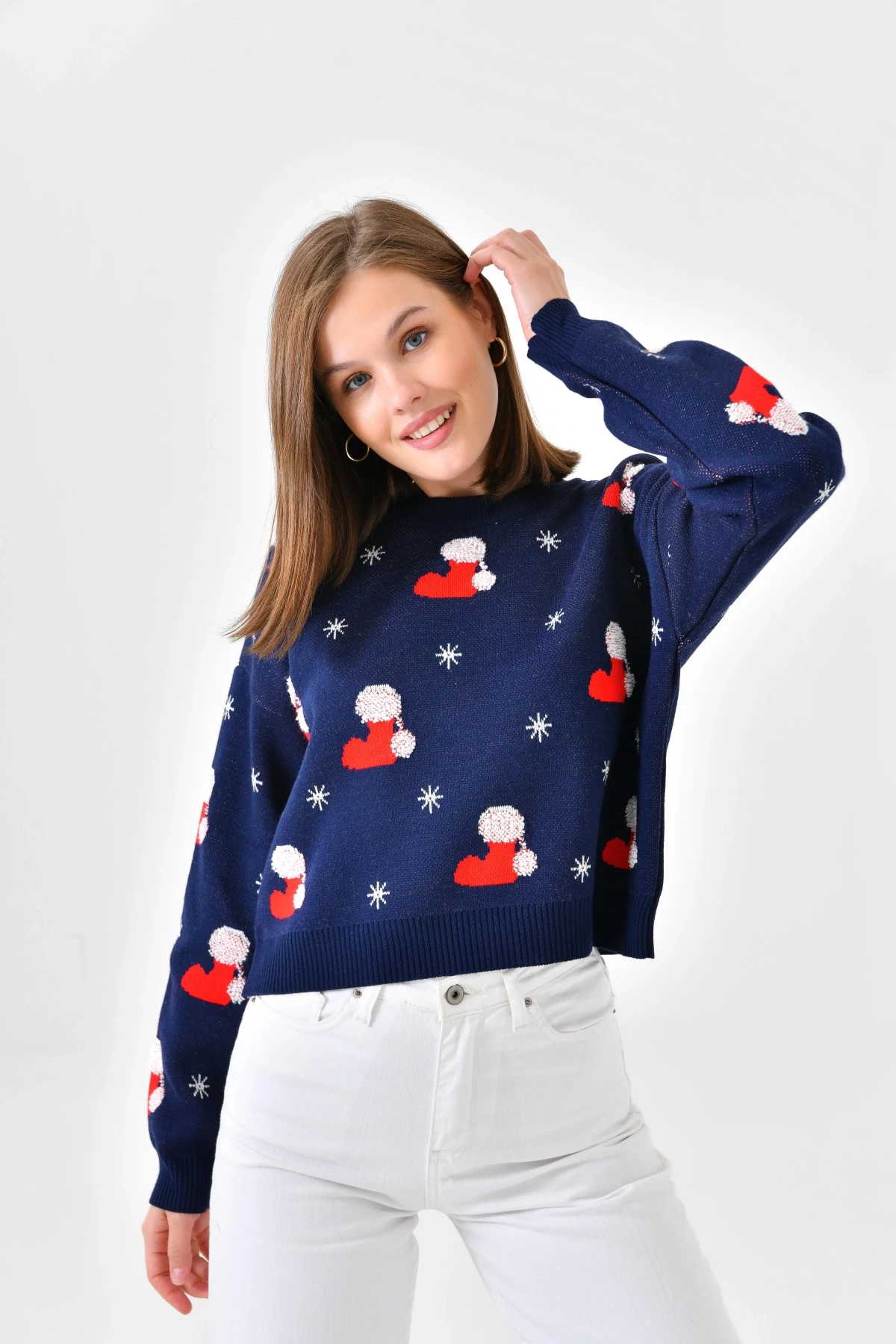 Kadın Bisiklet Yaka Desenli Simli Triko Kazak 10563