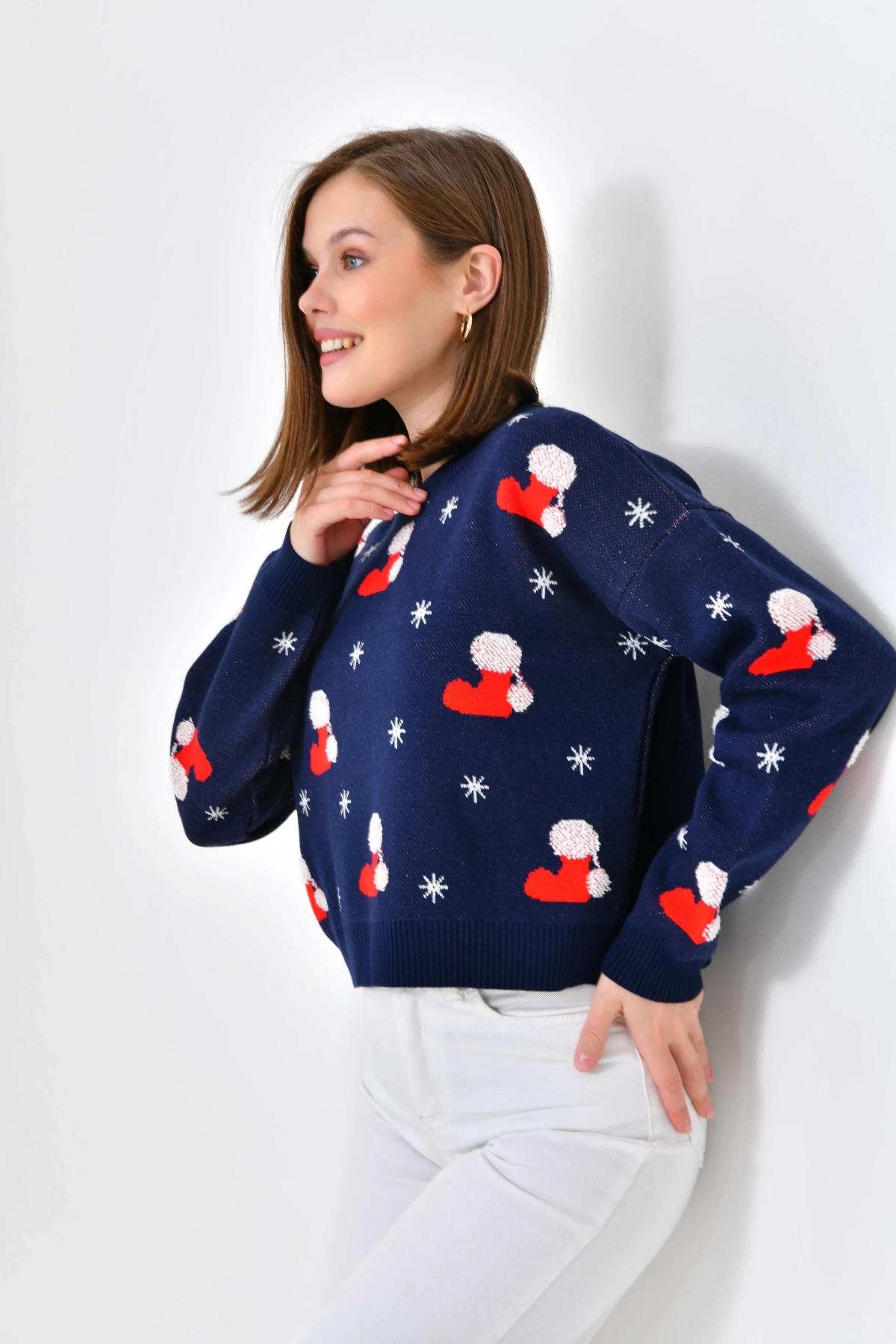 Kadın Bisiklet Yaka Desenli Simli Triko Kazak 10563