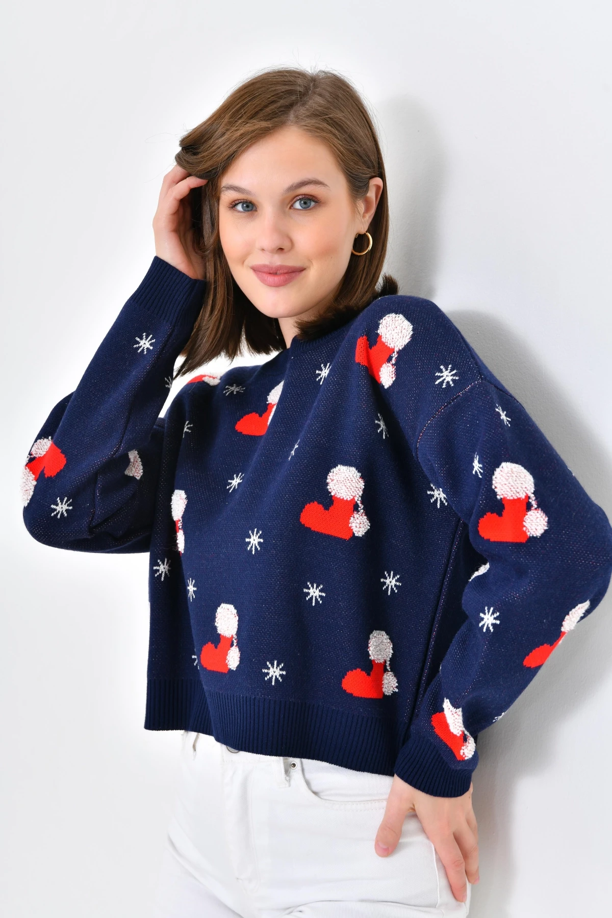 Kadın Bisiklet Yaka Desenli Simli Triko Kazak 10563