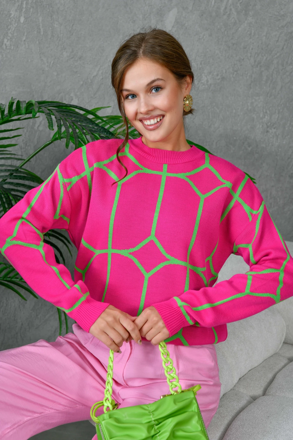 Kadın Bisiklet Yaka Desenli Triko Kazak