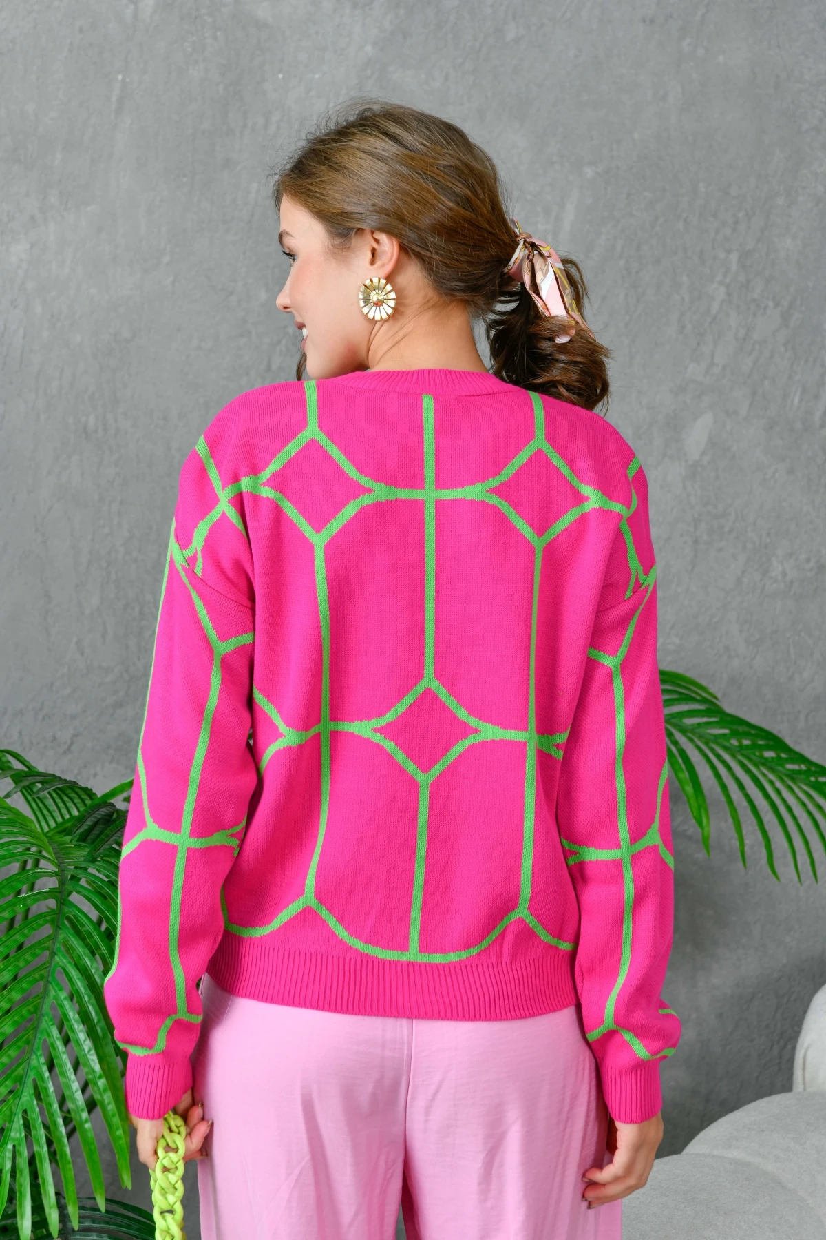 Kadın Bisiklet Yaka Desenli Triko Kazak