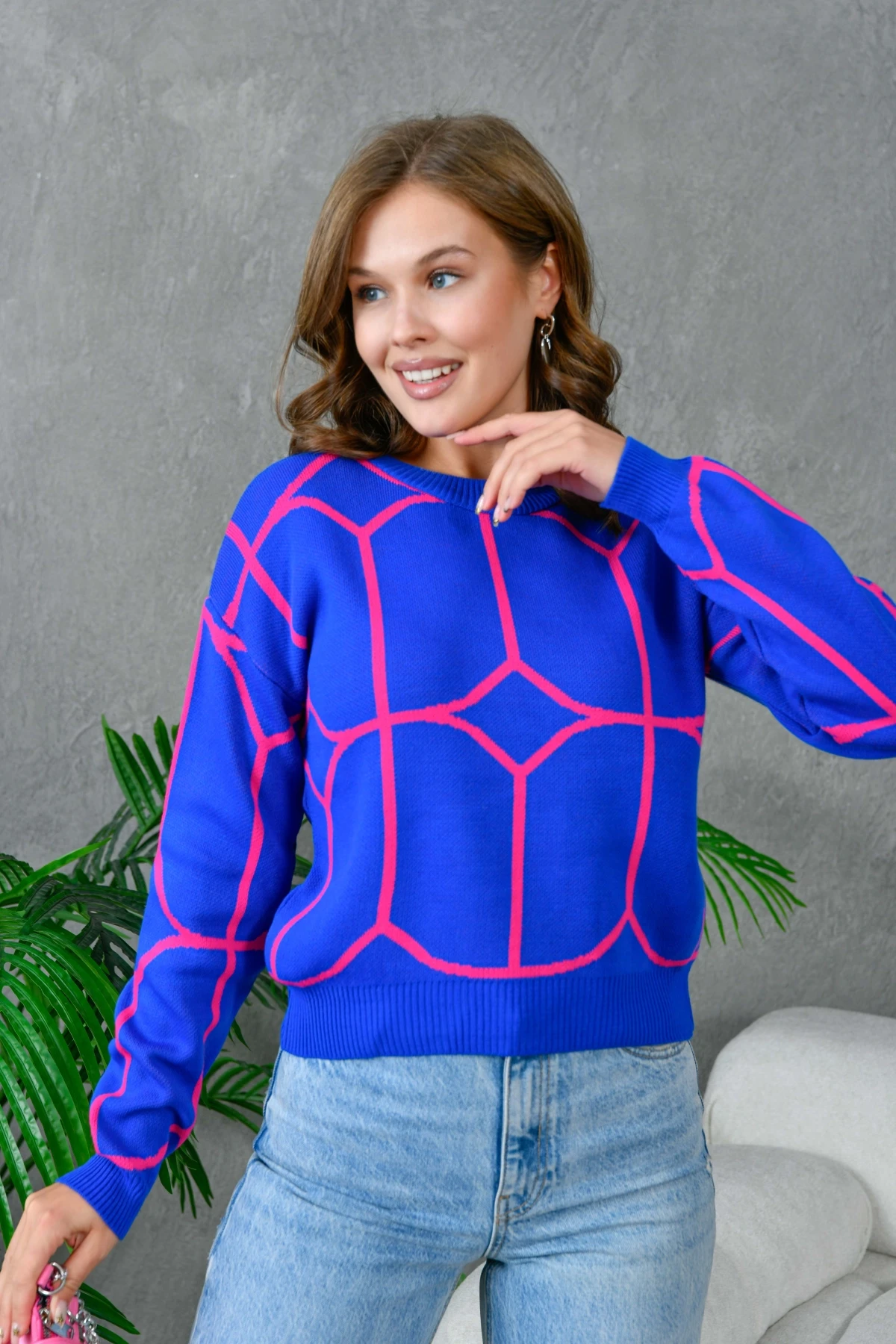 Kadın Bisiklet Yaka Desenli Triko Kazak