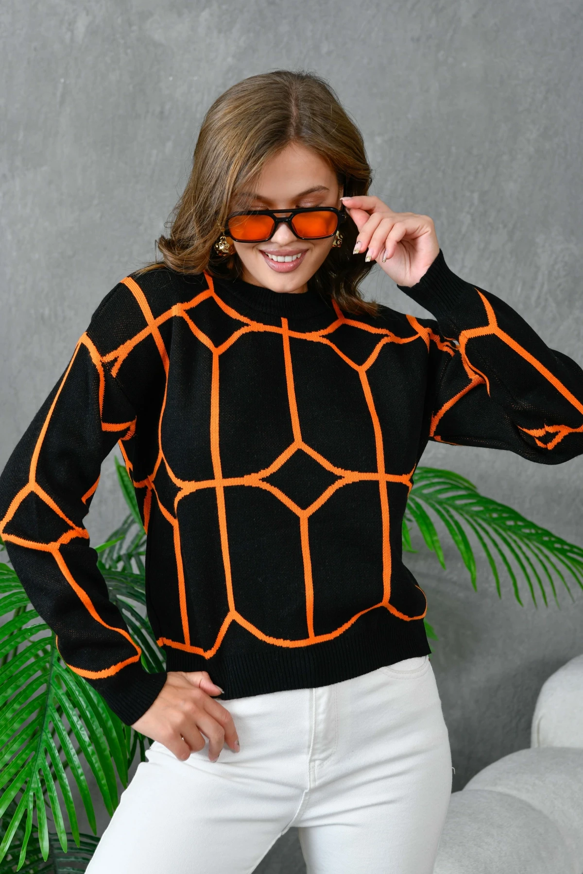 Kadın Bisiklet Yaka Desenli Triko Kazak