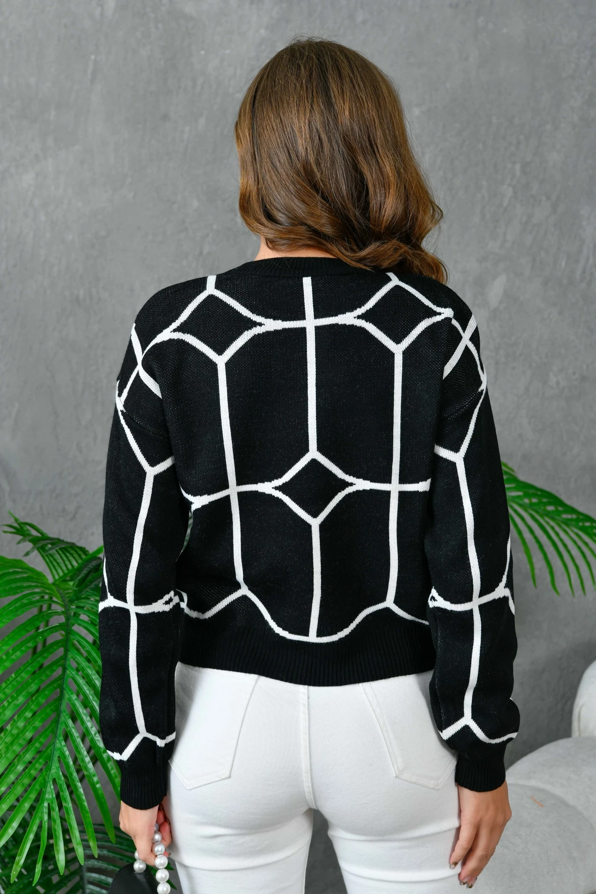 Kadın Bisiklet Yaka Desenli Triko Kazak