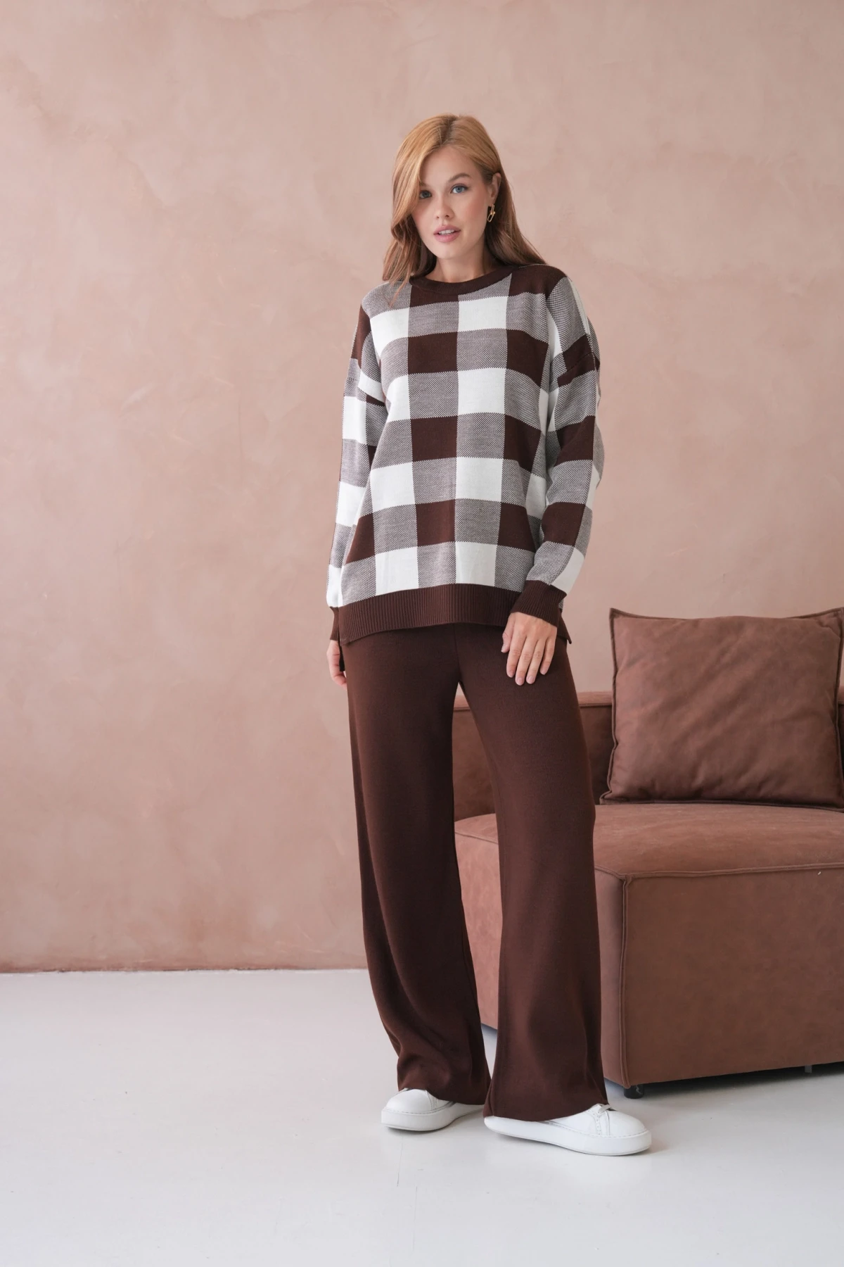 Kadın Bisiklet Yaka Desenli Yırtmaçlı Salaş Kazak Pantolon İkili Triko Takım