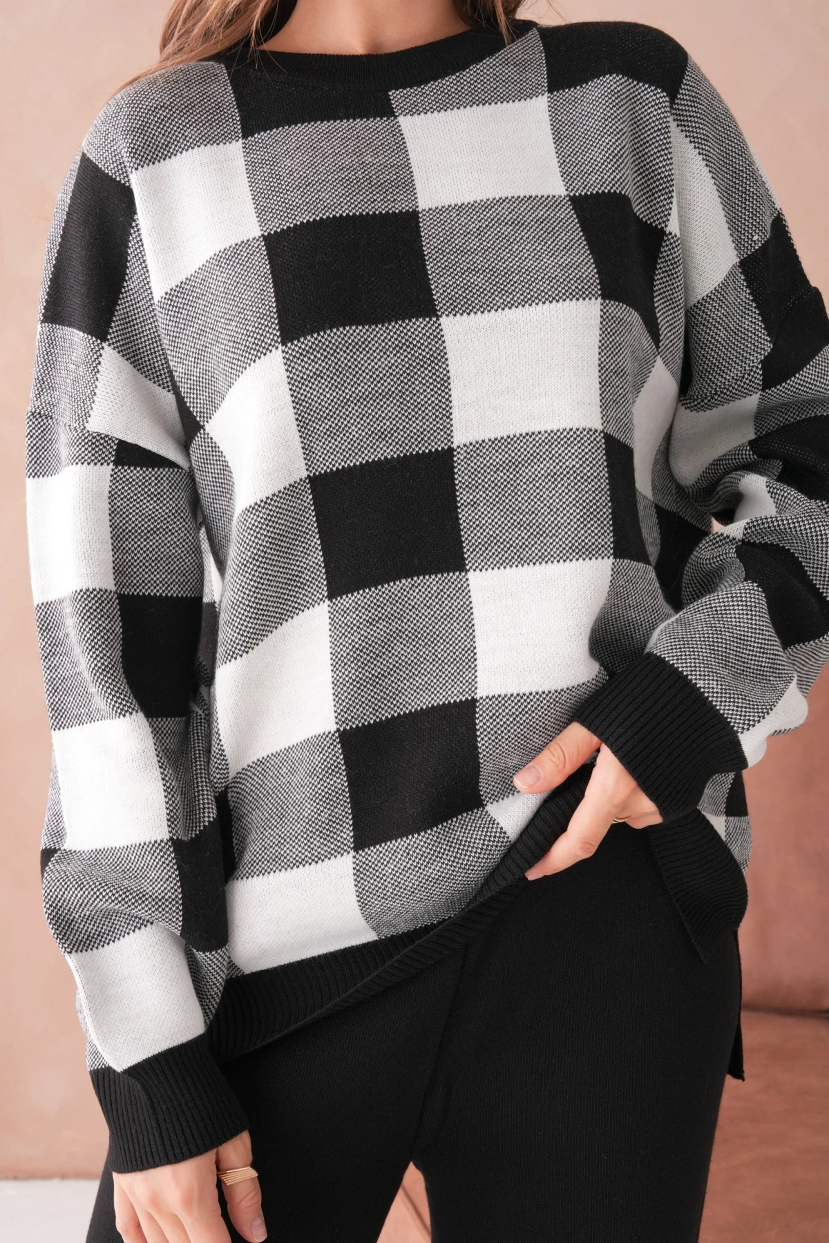 Kadın Bisiklet Yaka Desenli Yırtmaçlı Salaş Kazak Pantolon İkili Triko Takım