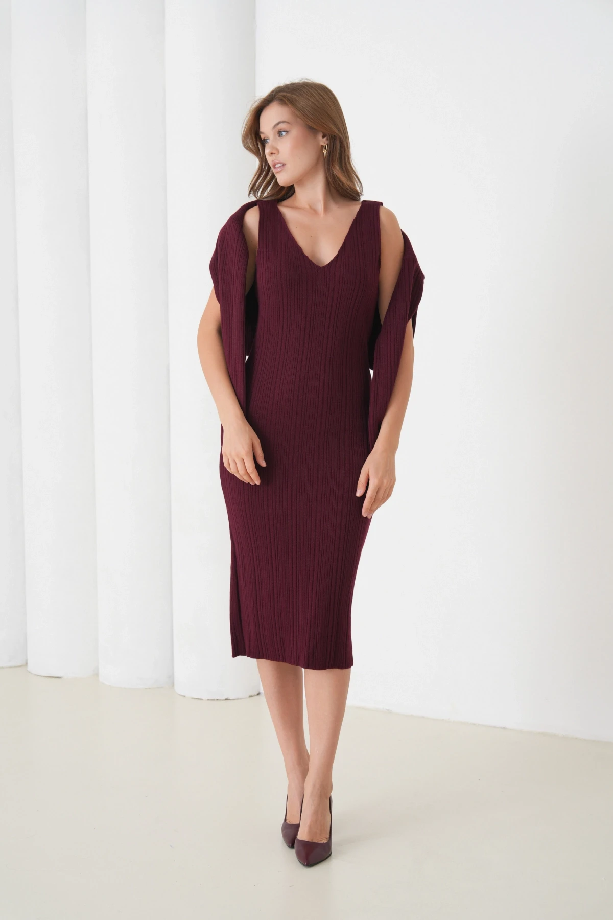 Kadın Bisiklet Yaka Dokulu Kazak Elbise İkili Triko Takım