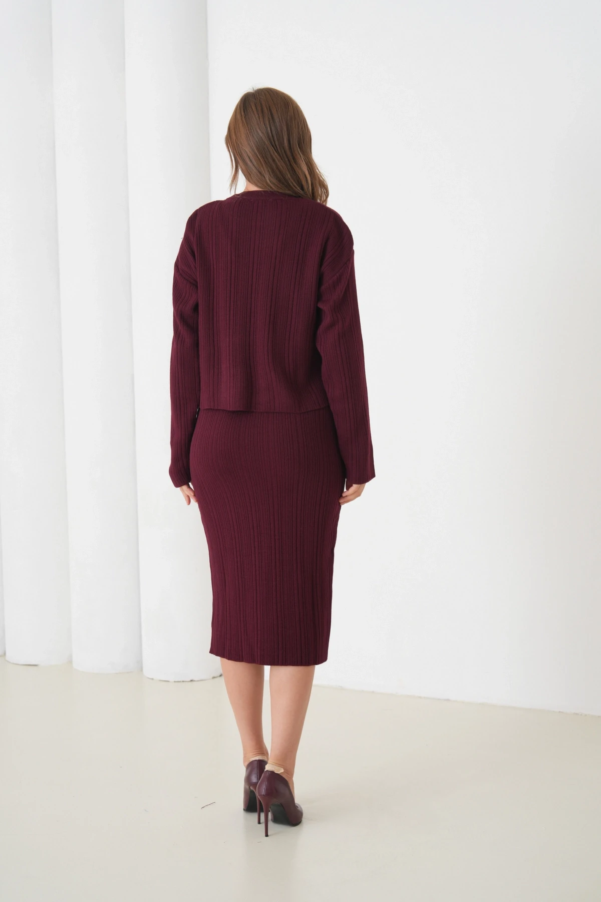 Kadın Bisiklet Yaka Dokulu Kazak Elbise İkili Triko Takım