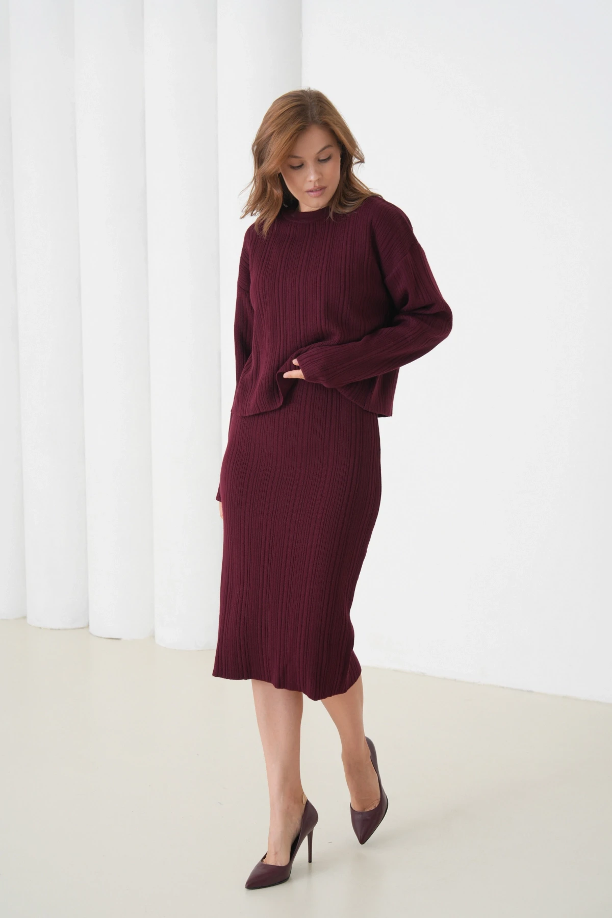 Kadın Bisiklet Yaka Dokulu Kazak Elbise İkili Triko Takım