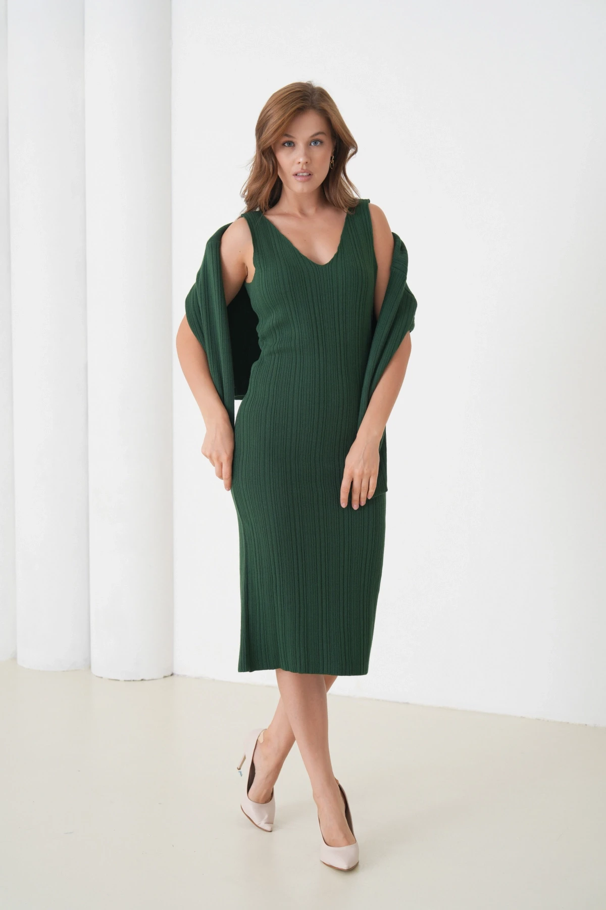 Kadın Bisiklet Yaka Dokulu Kazak Elbise İkili Triko Takım