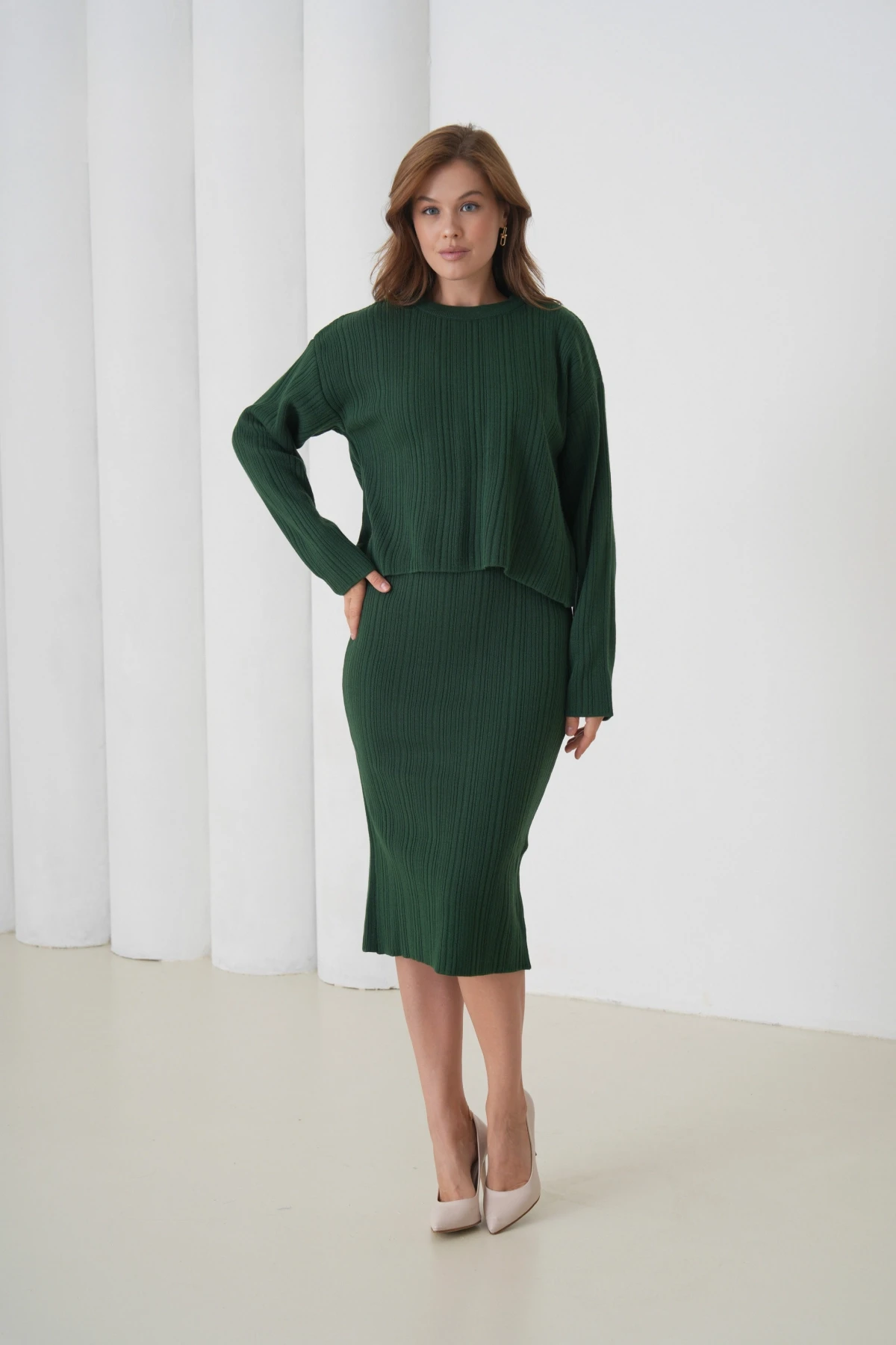 Kadın Bisiklet Yaka Dokulu Kazak Elbise İkili Triko Takım